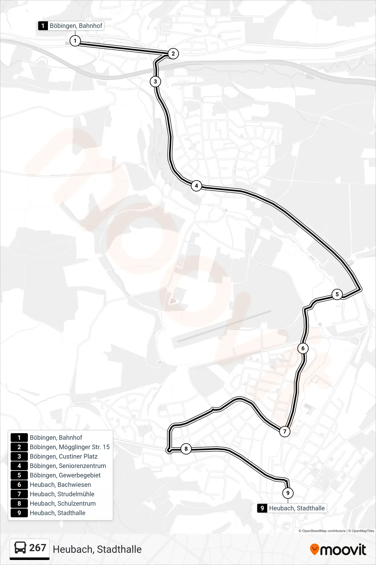 267 bus Line (Heubach, Stadthalle) route and stops on a map