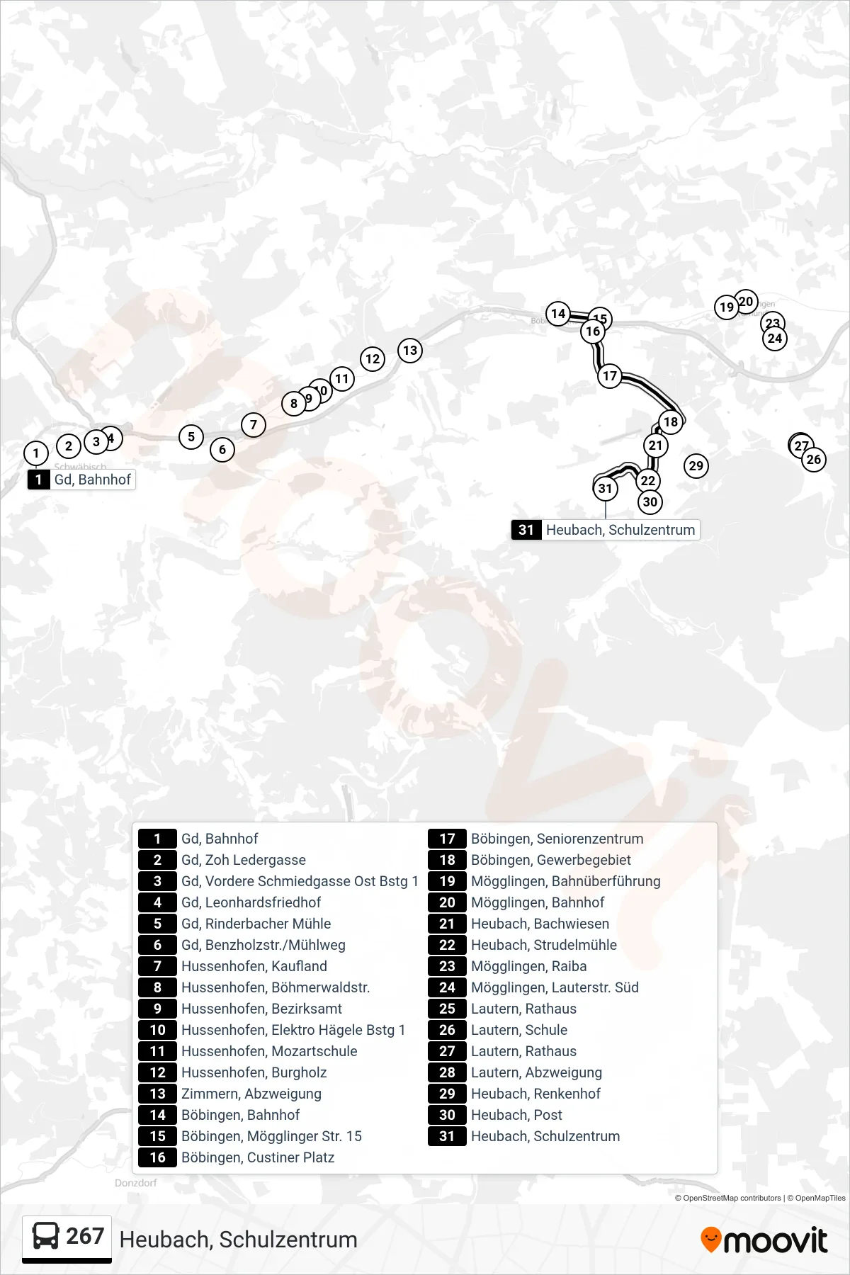 267 bus Line (Heubach, Schulzentrum) route and stops on a map