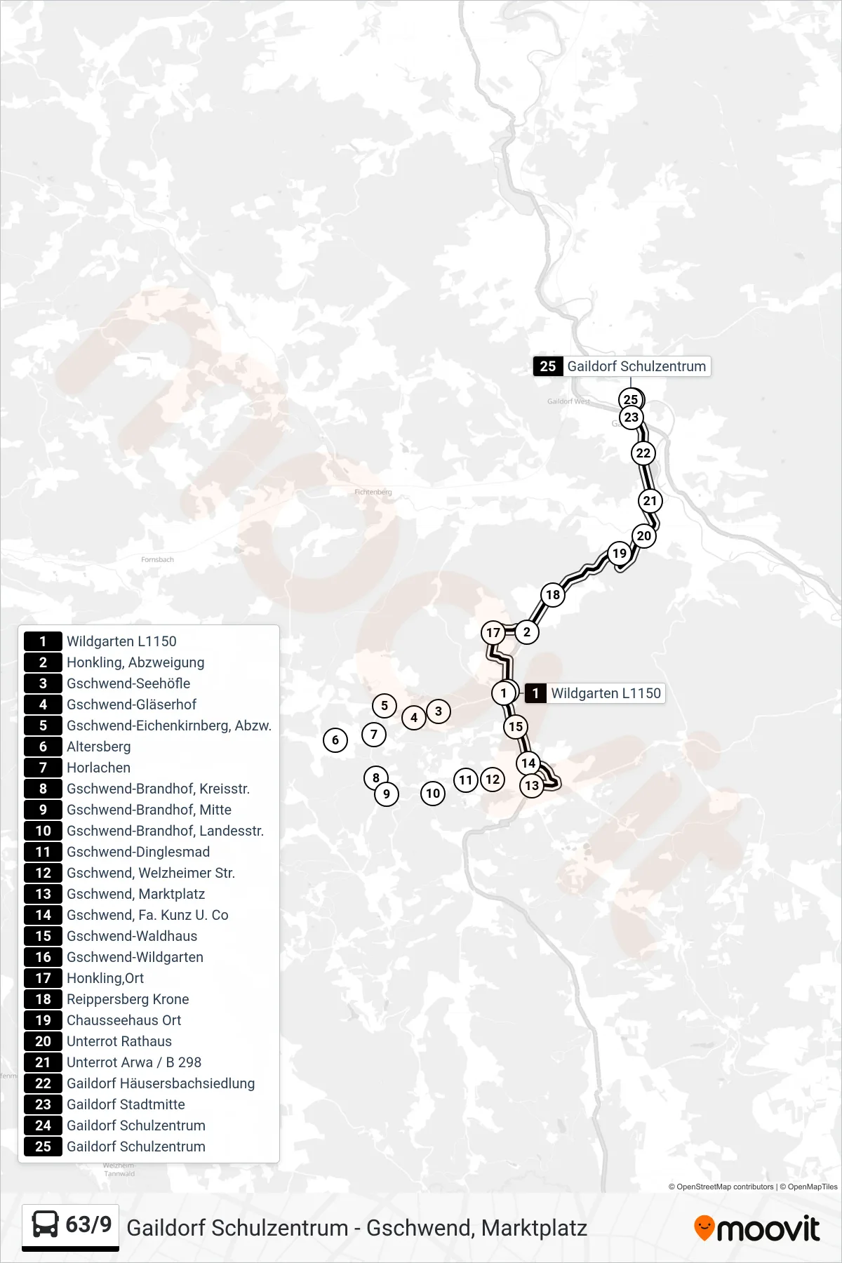 63/9 bus Line (Gaildorf Schulzentrum) route and stops on a map