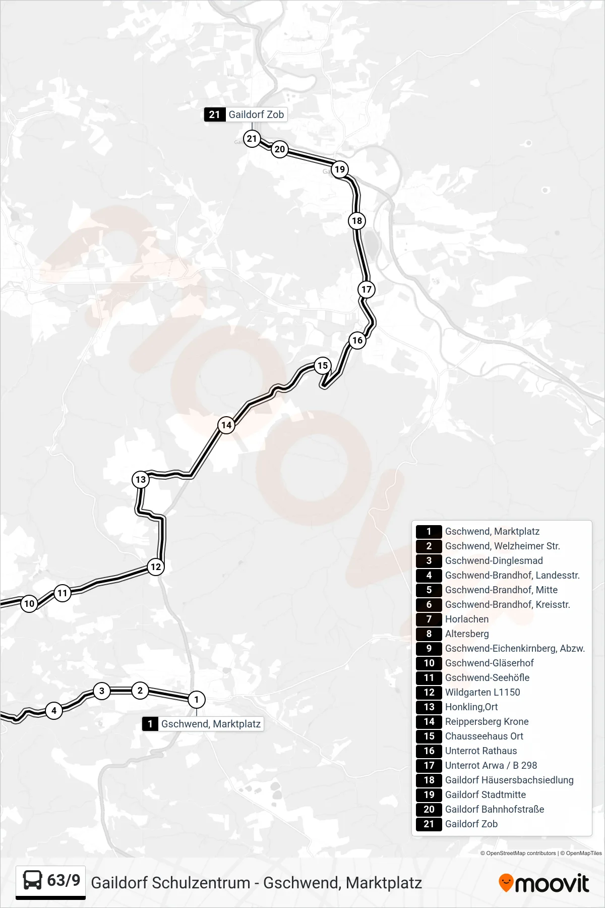 63/9 bus Line (Gaildorf Zob) route and stops on a map