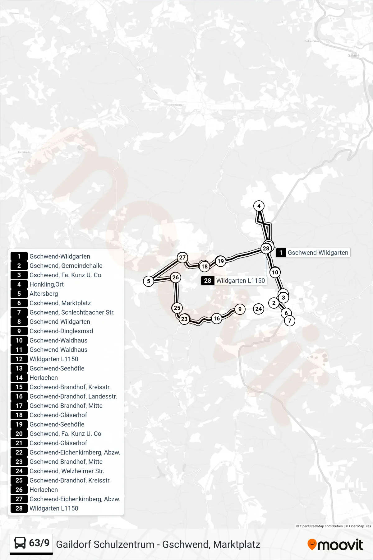 63/9 bus Line (Gschwend, Marktplatz) route and stops on a map