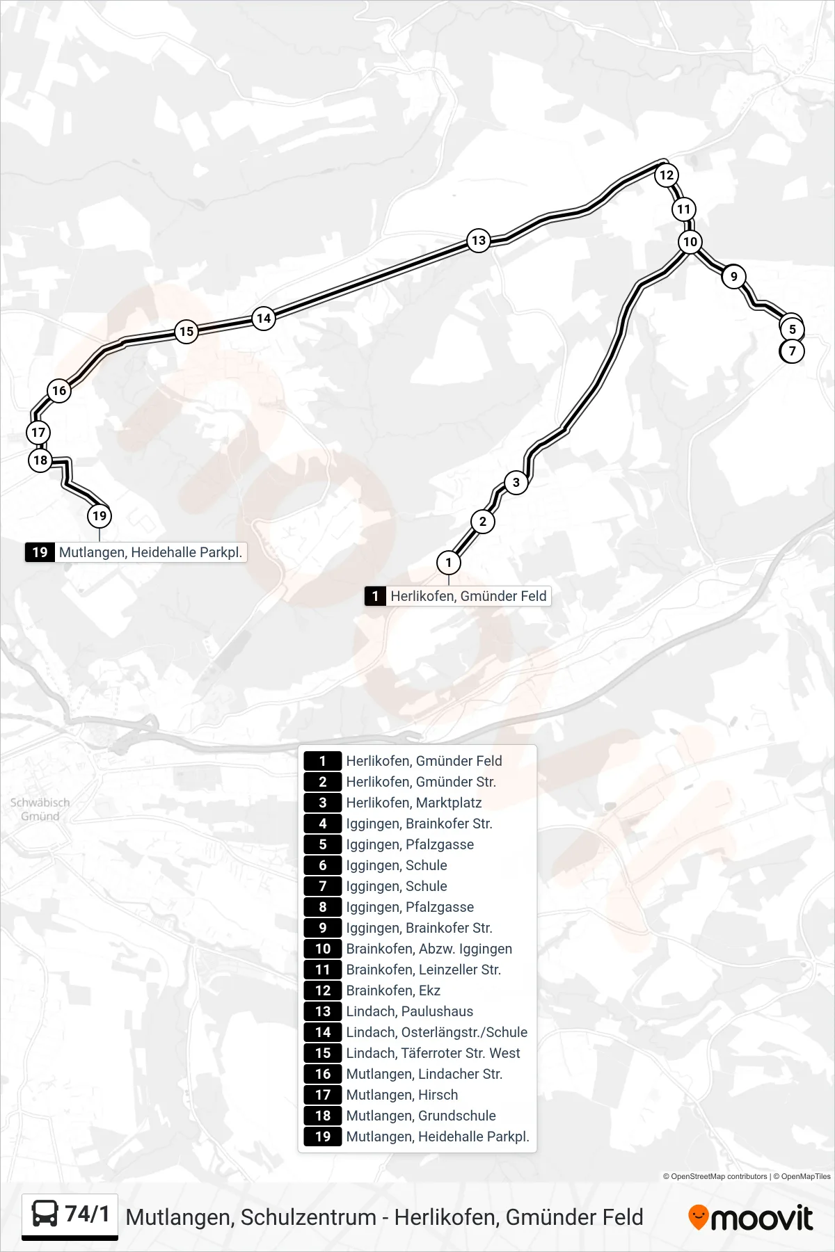 74/1 bus Line (Mutlangen, Heidehalle Parkpl.) route and stops on a map