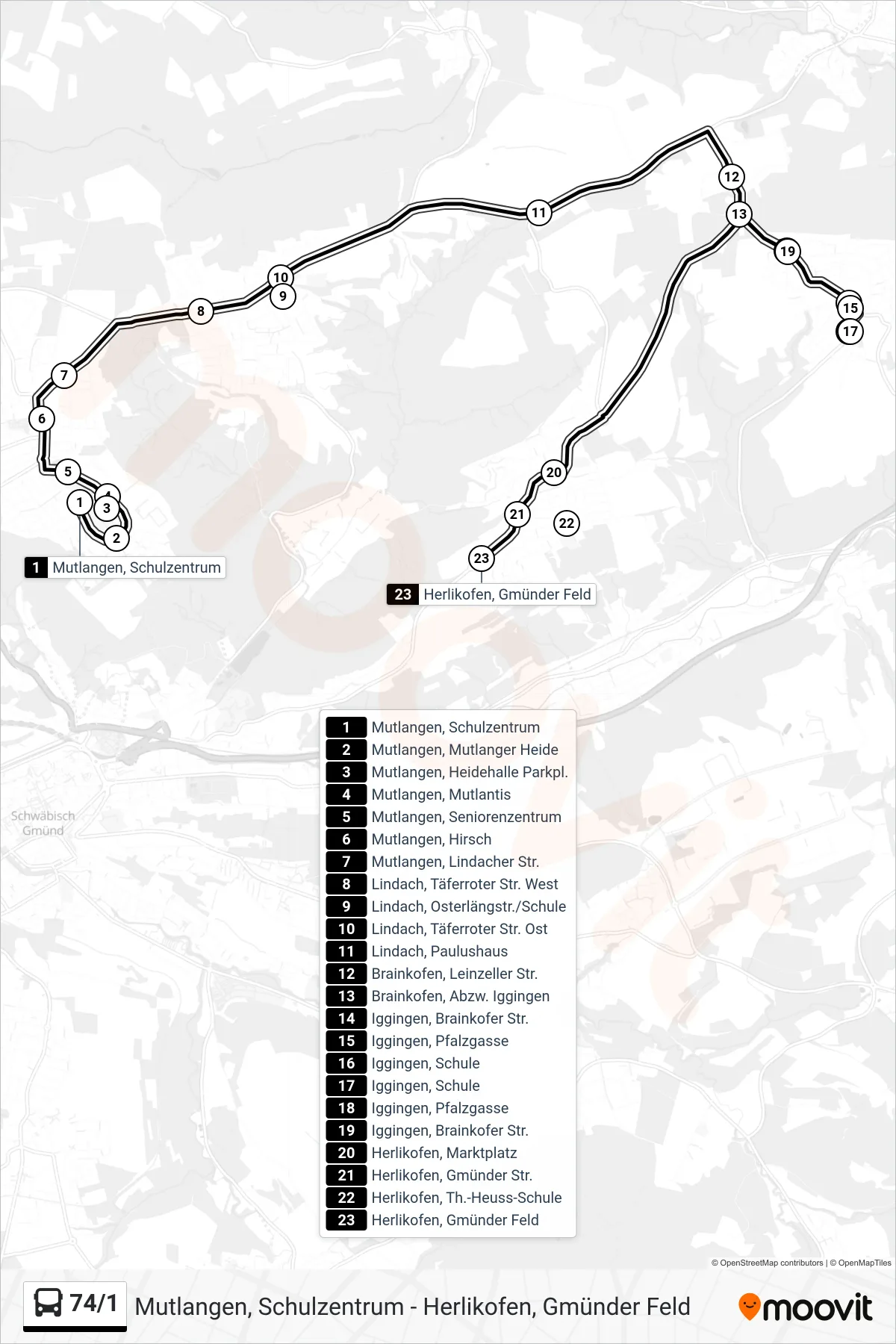 74/1 bus Line (Herlikofen, Gmünder Feld) route and stops on a map