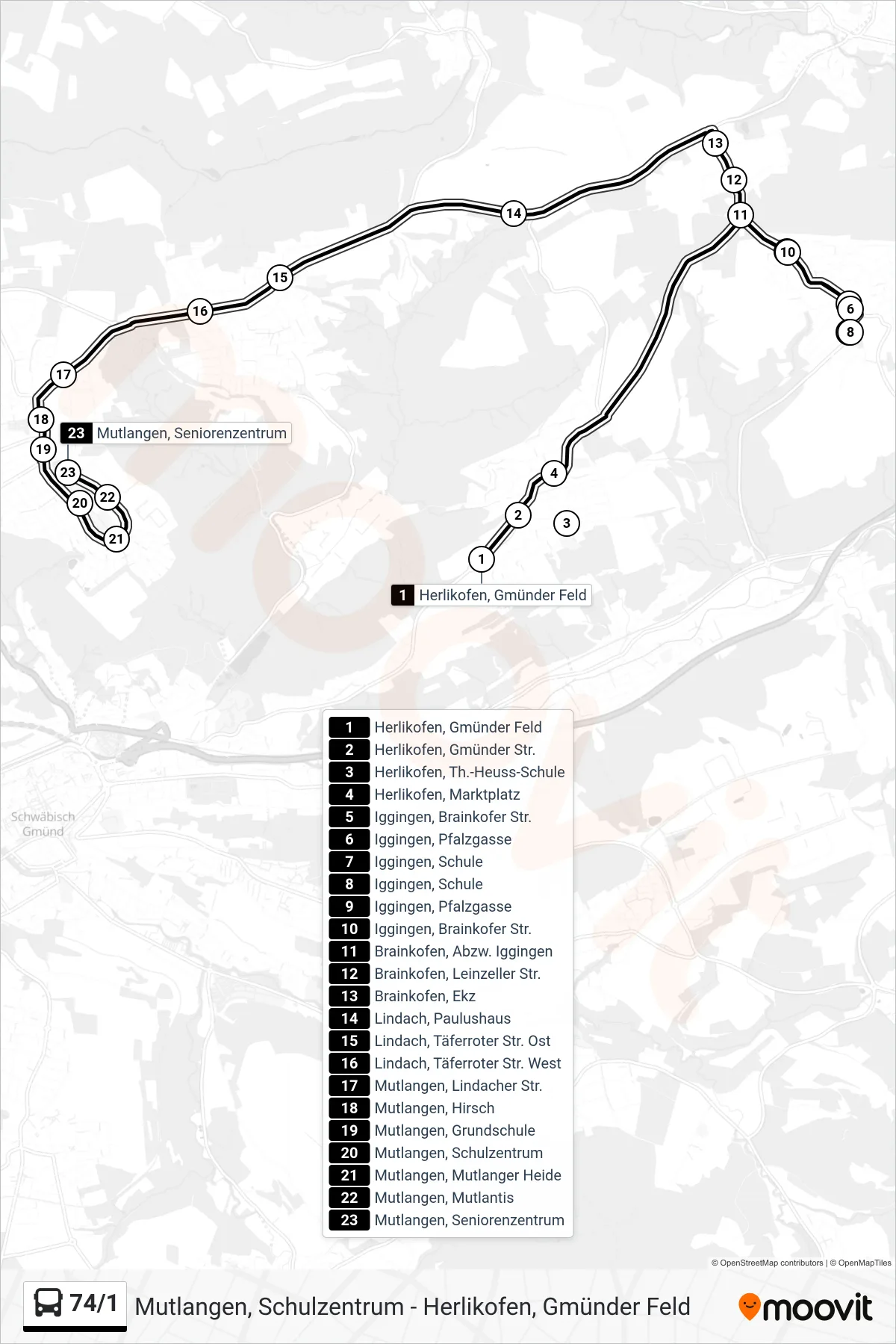 74/1 bus Line (Mutlangen, Seniorenzentrum) route and stops on a map
