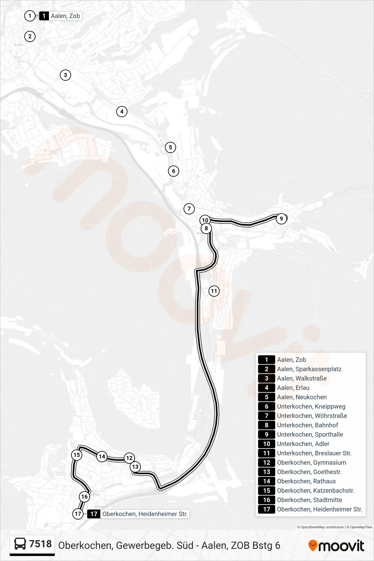 Linie 7518 (Bus) Richtung Oberkochen, Heidenheimer Str.: Route und Haltestellen auf der Karte