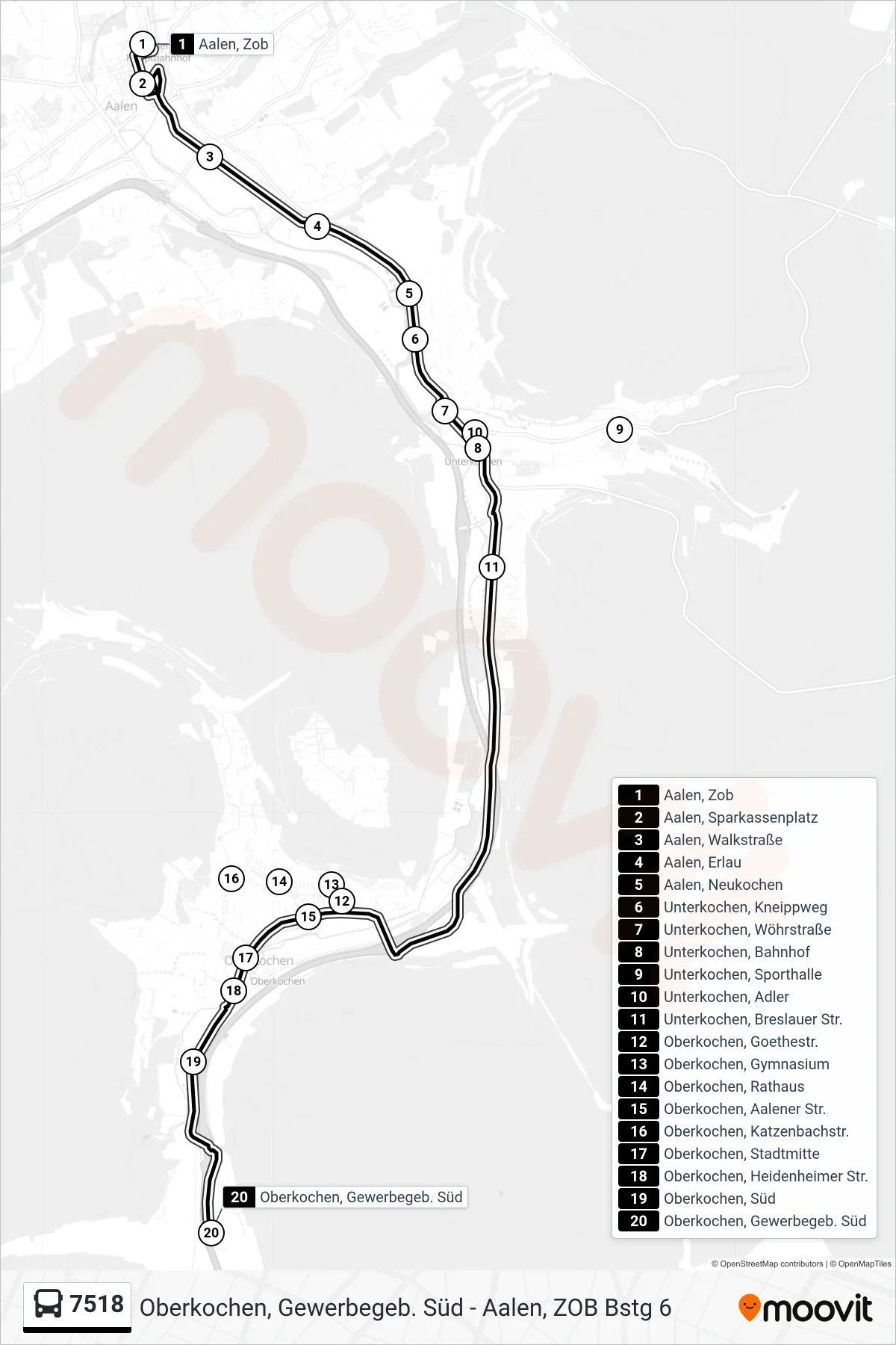 7518 bus Line (Oberkochen, Gewerbegeb. Süd) route and stops on a map