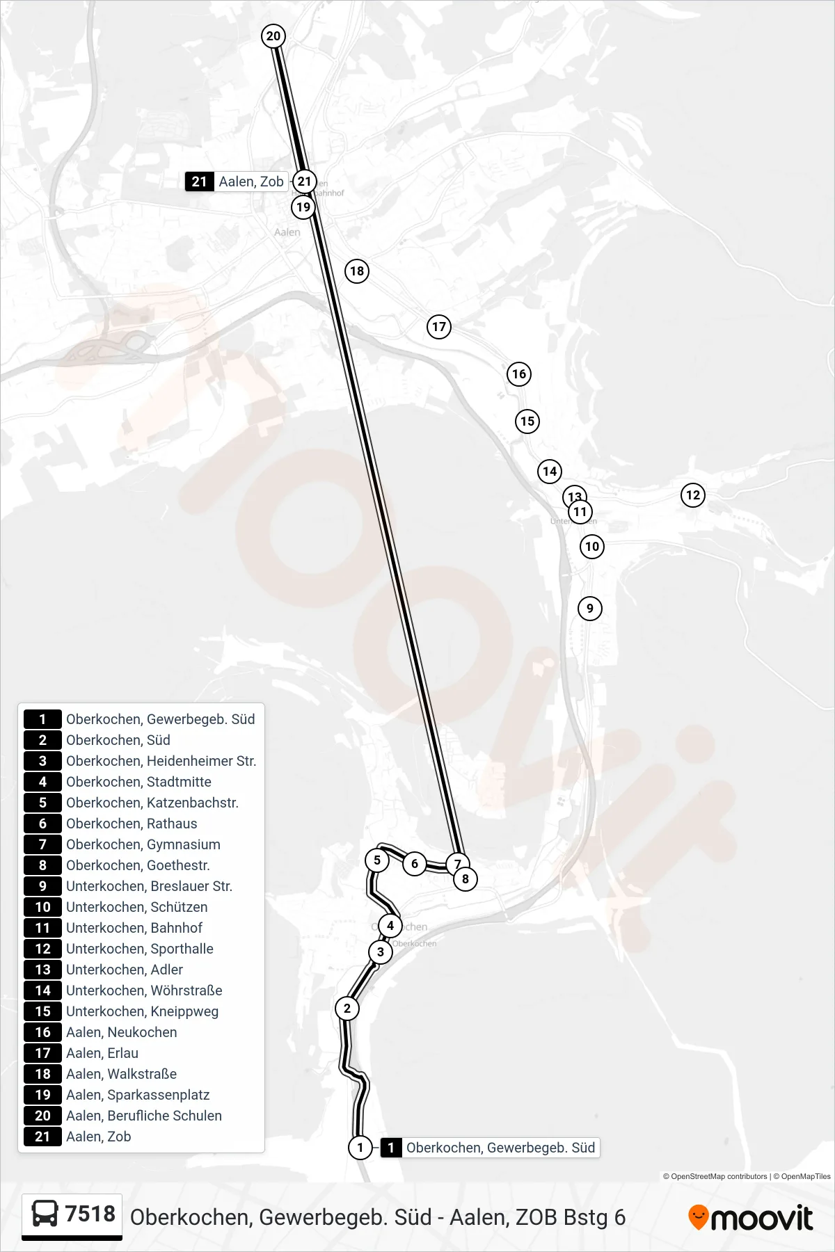 7518 bus Line (Aalen, Zob) route and stops on a map