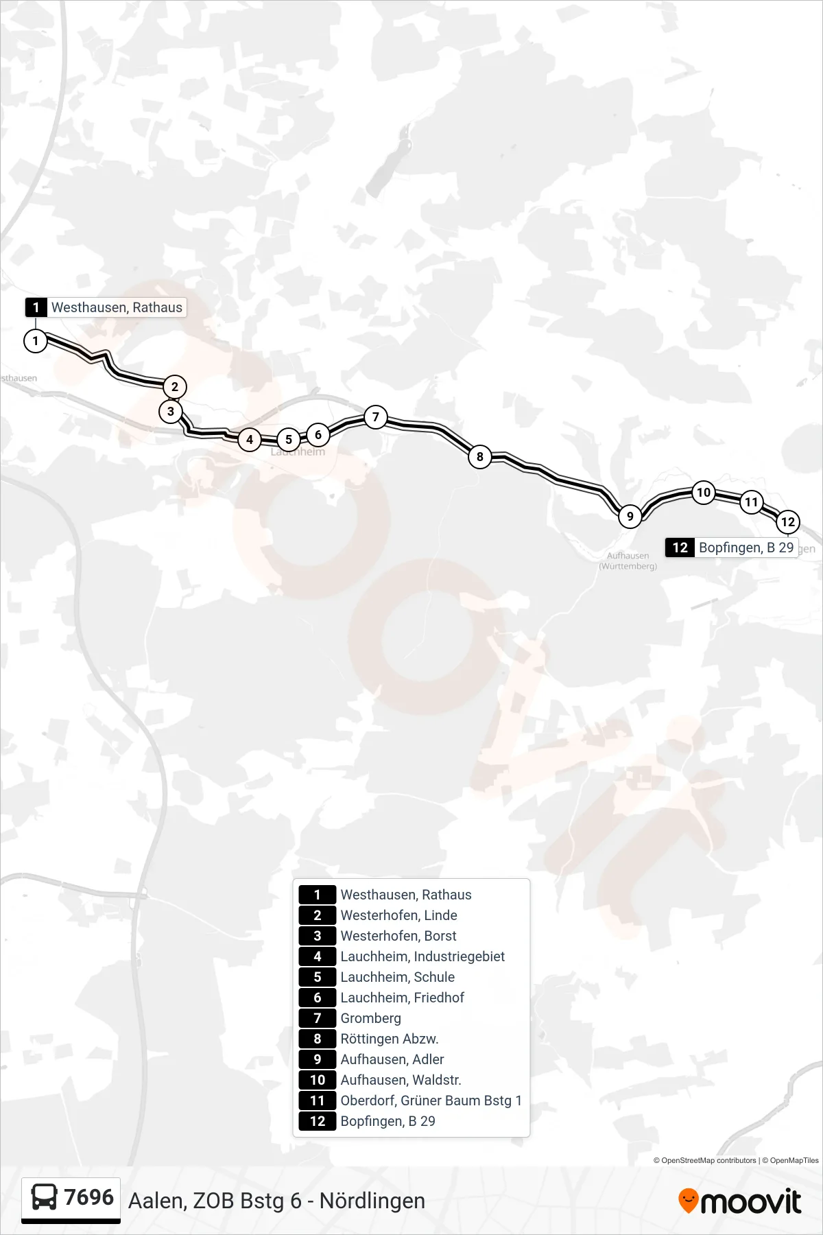 Linie 7696 (Bus) Richtung Bopfingen, B 29: Route und Haltestellen auf der Karte