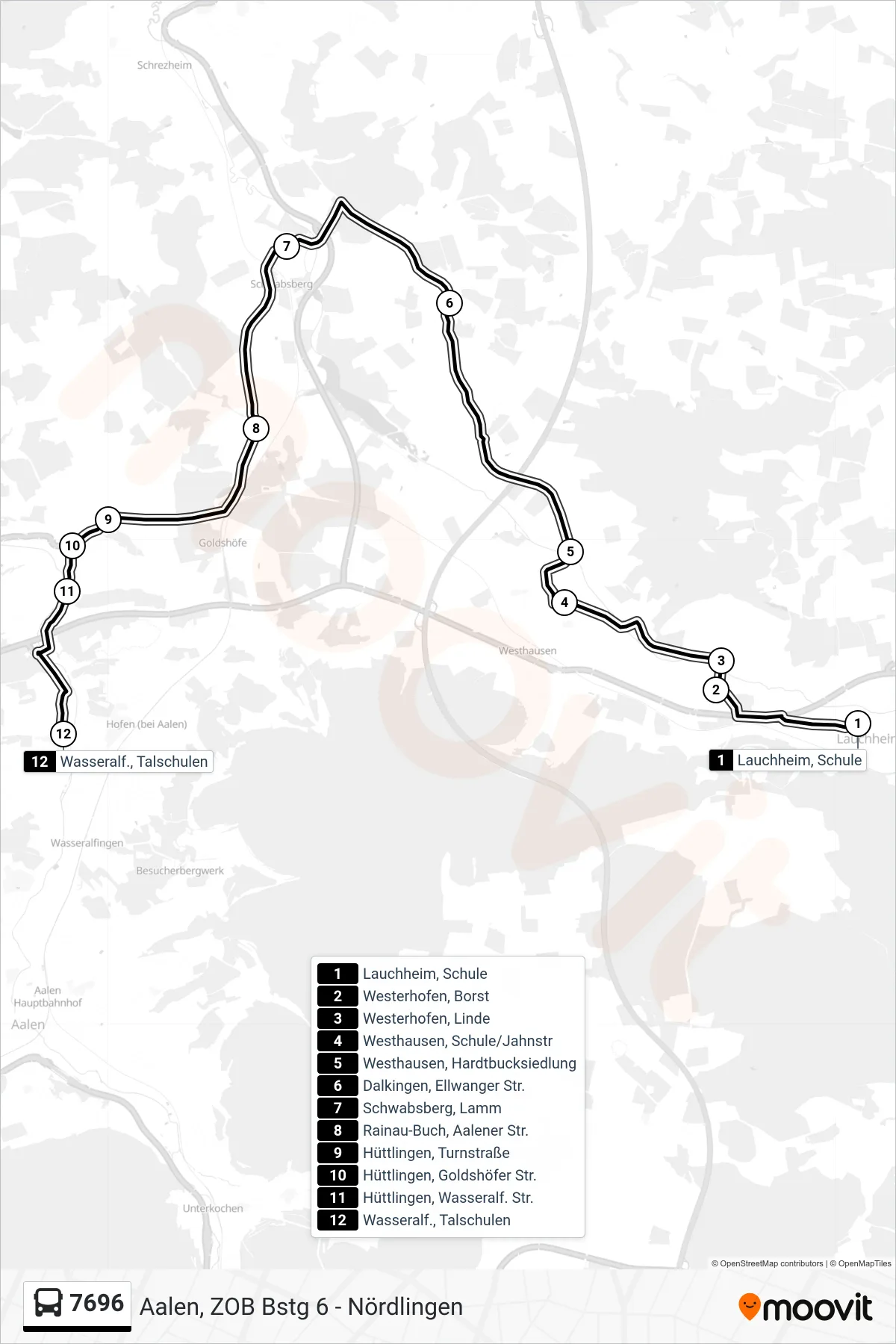 7696 bus Line (Wasseralf., Talschulen) route and stops on a map