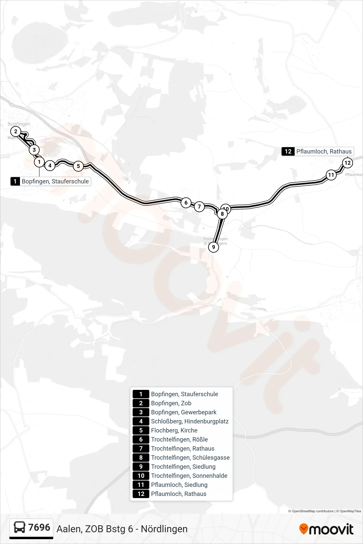 7696 bus Line (Pflaumloch, Rathaus) route and stops on a map