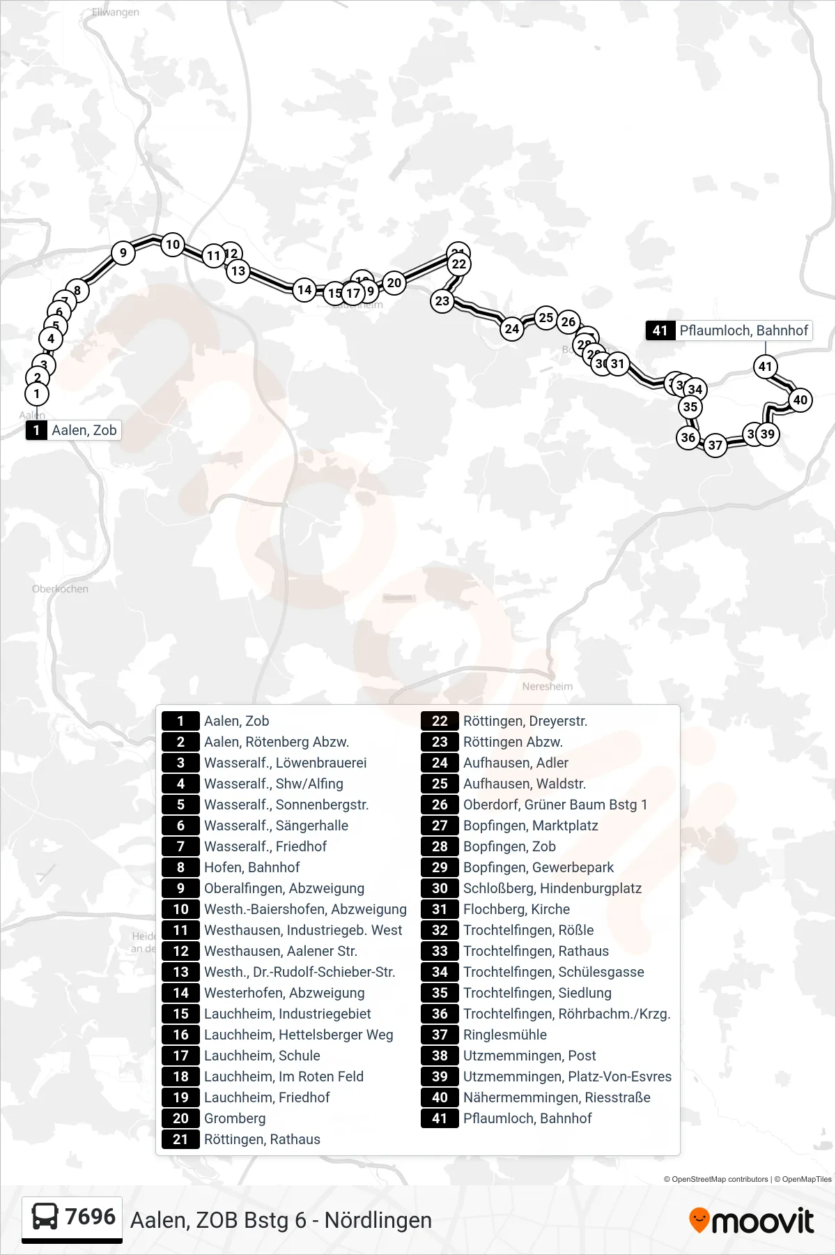 7696 bus Line (Pflaumloch, Bahnhof) route and stops on a map