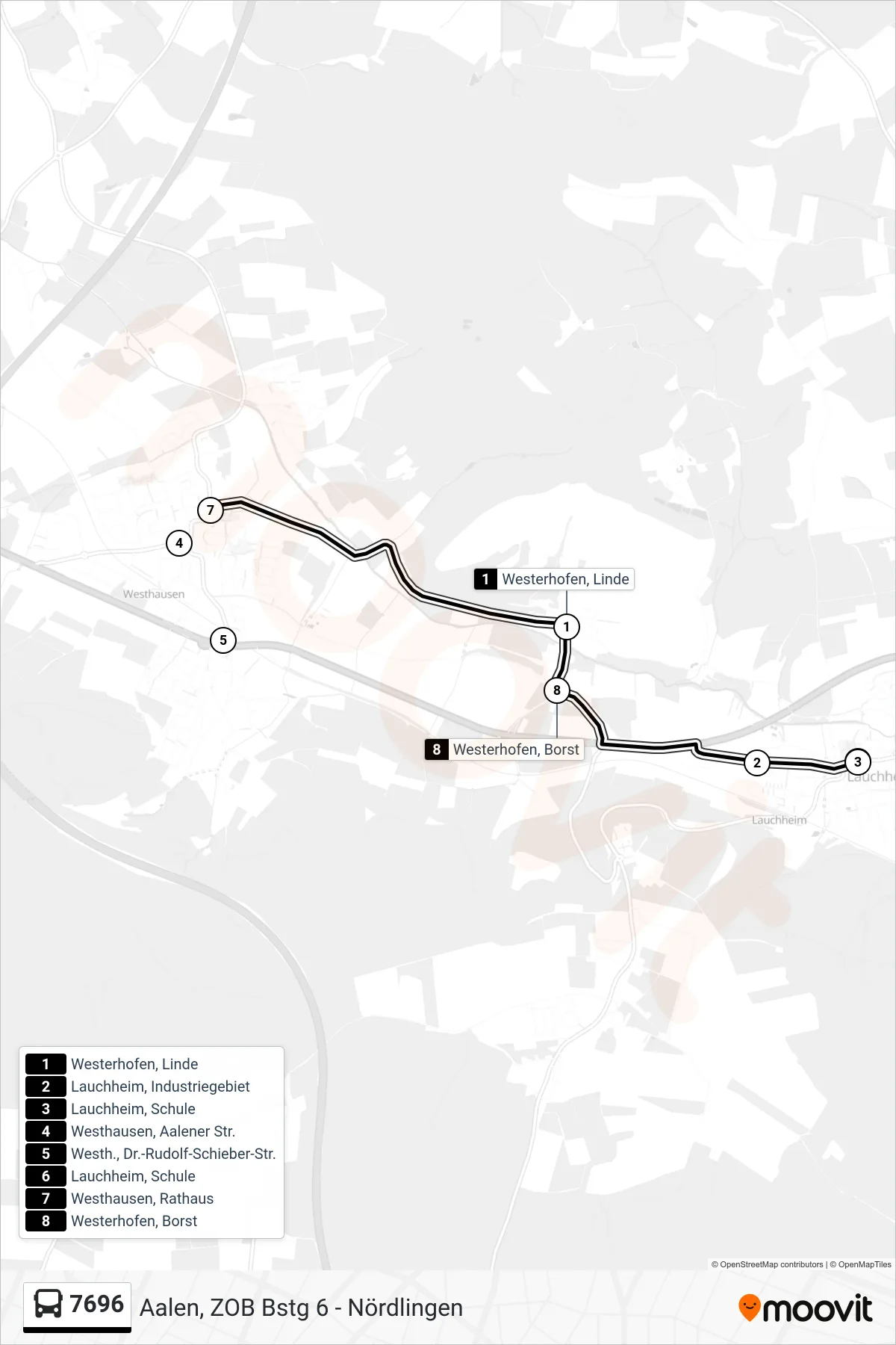 7696 bus Line (Lauchheim, Schule) route and stops on a map