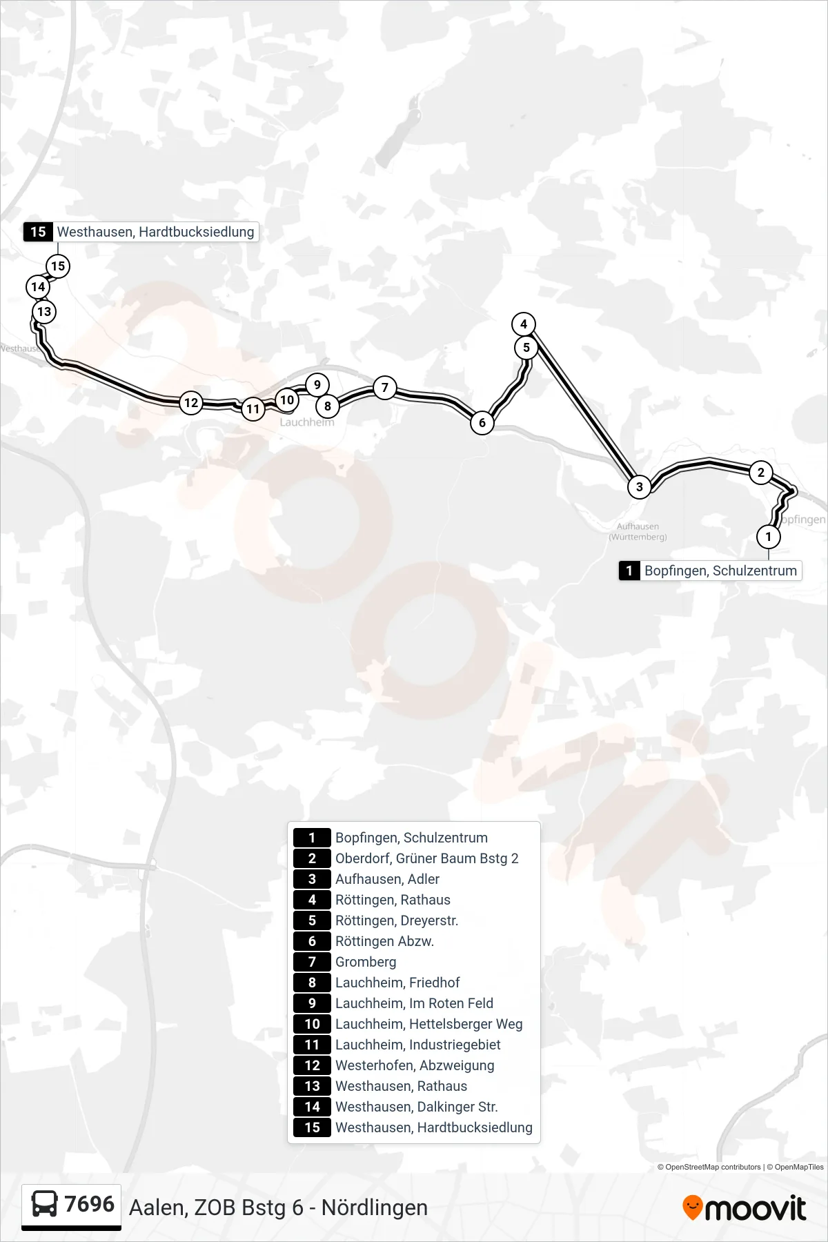 7696 bus Line (Westhausen, Hardtbucksiedlung) route and stops on a map
