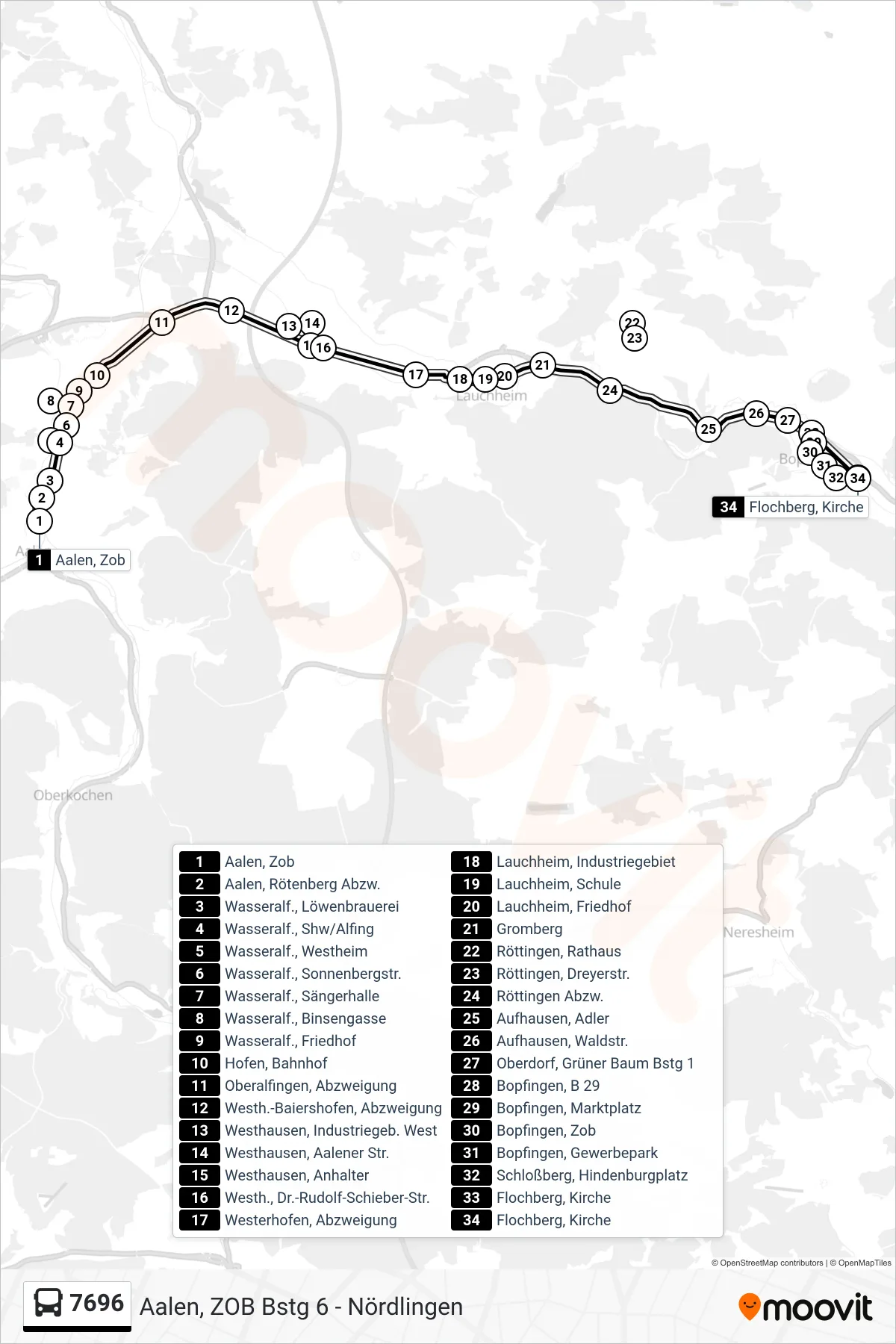 7696 bus Line (Flochberg, Kirche) route and stops on a map
