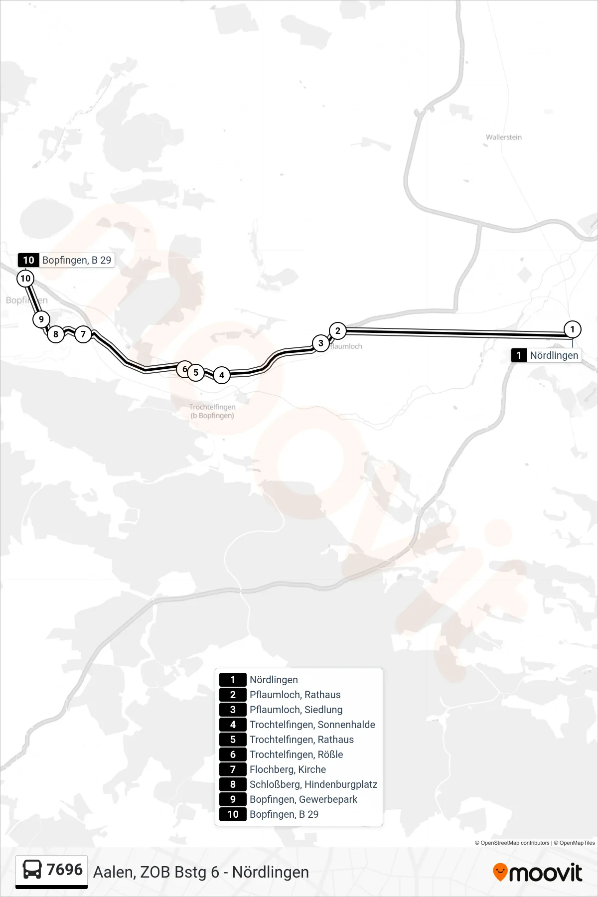 7696 bus Line (Bopfingen, B 29) route and stops on a map