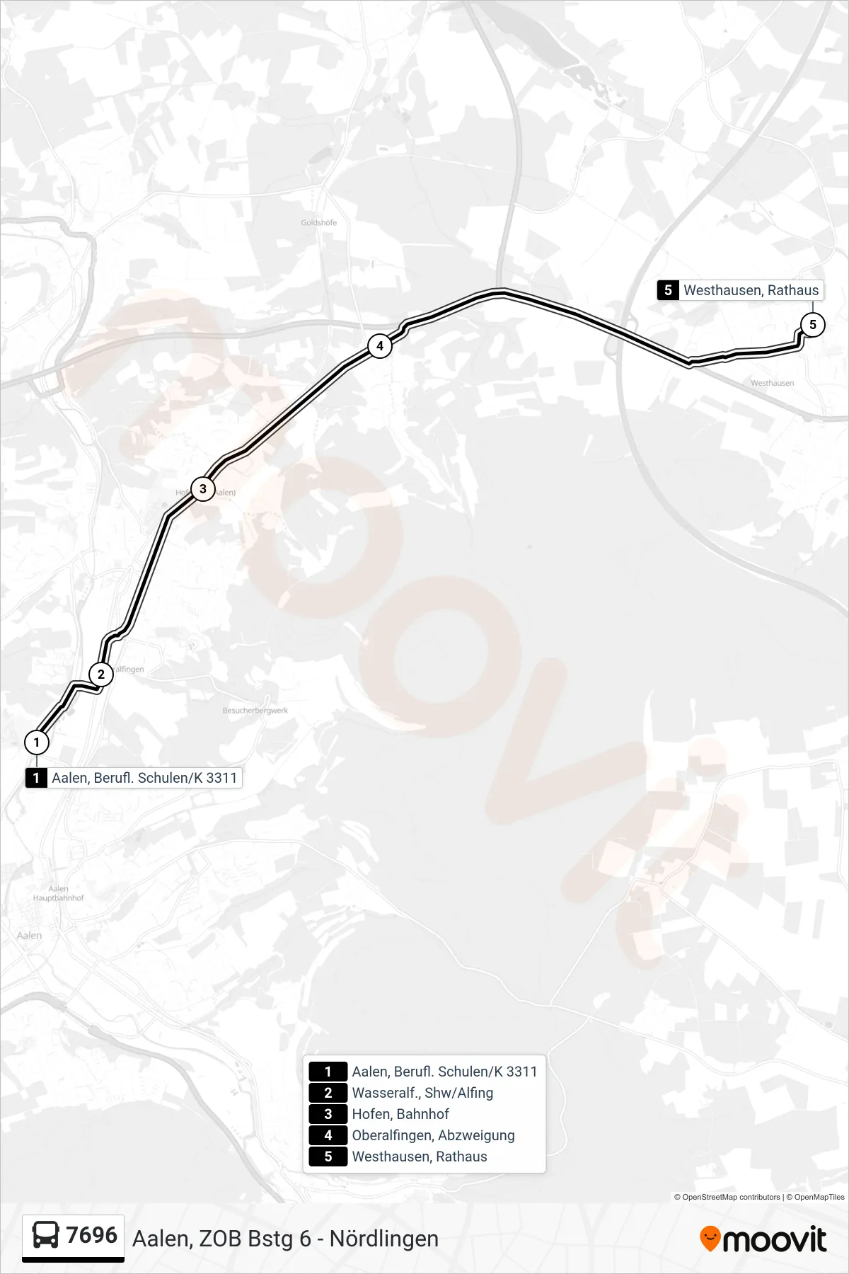 7696 bus Line (Westhausen, Rathaus) route and stops on a map