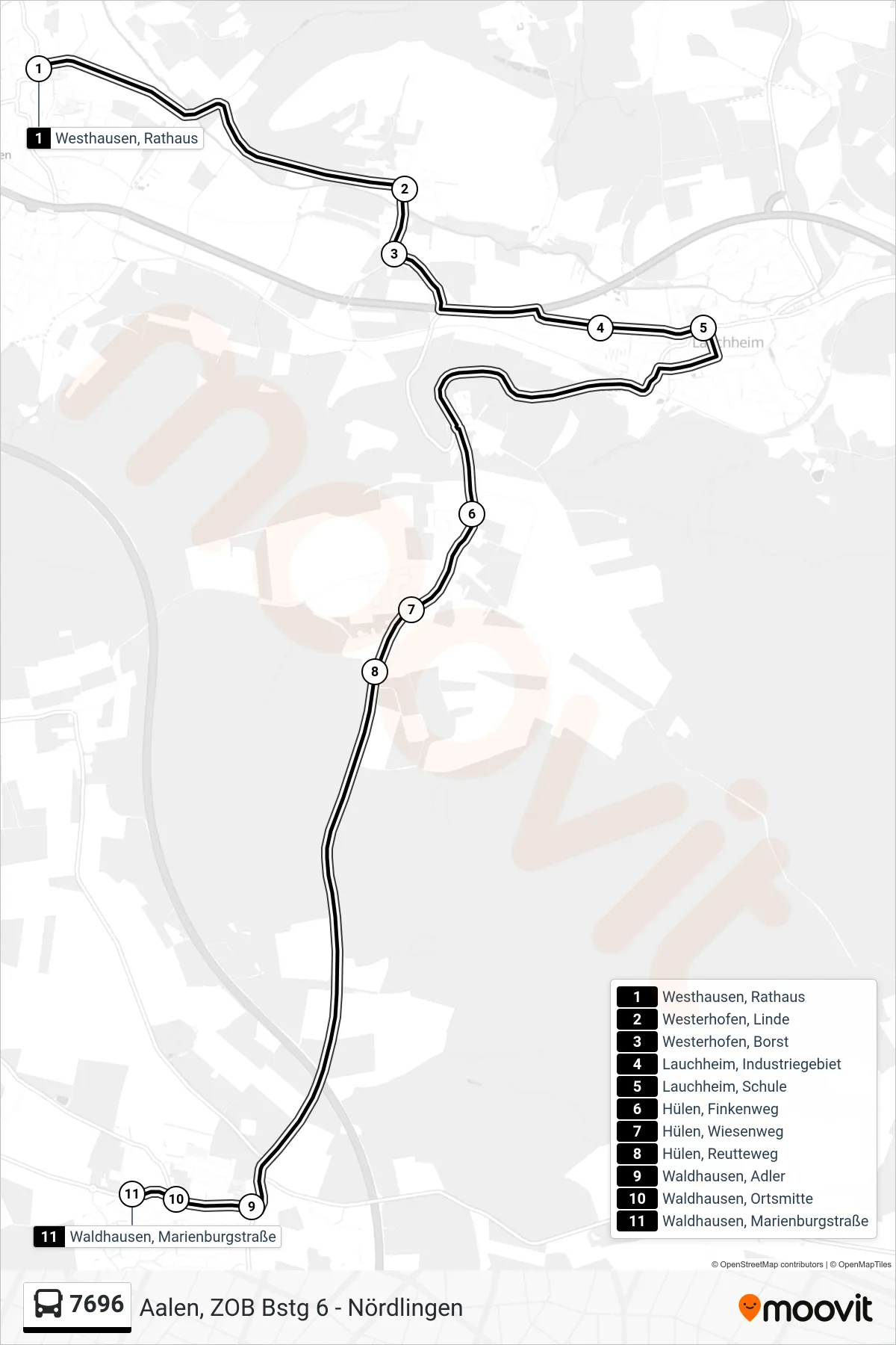 7696 bus Line (Waldhausen, Marienburgstraße) route and stops on a map
