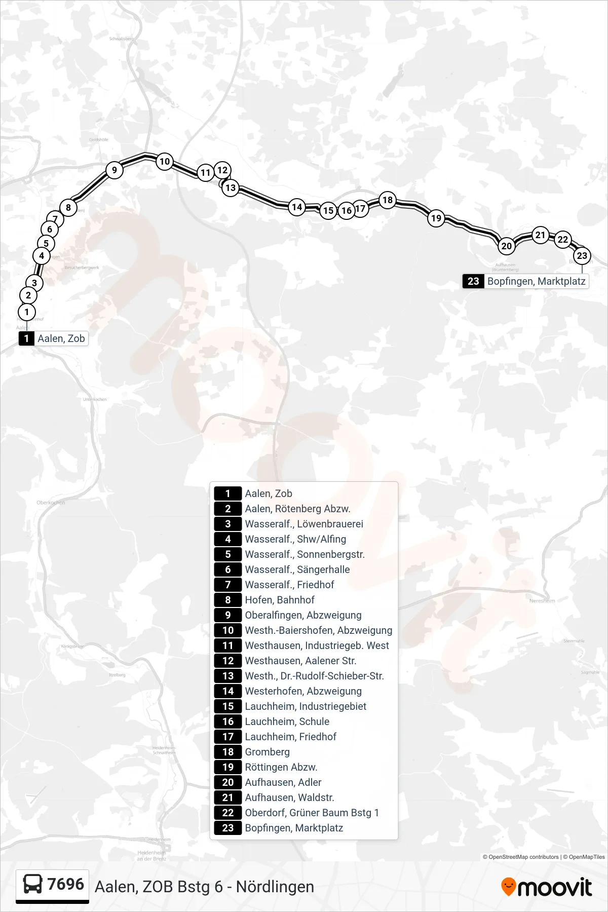 7696 bus Line (Bopfingen, Marktplatz) route and stops on a map