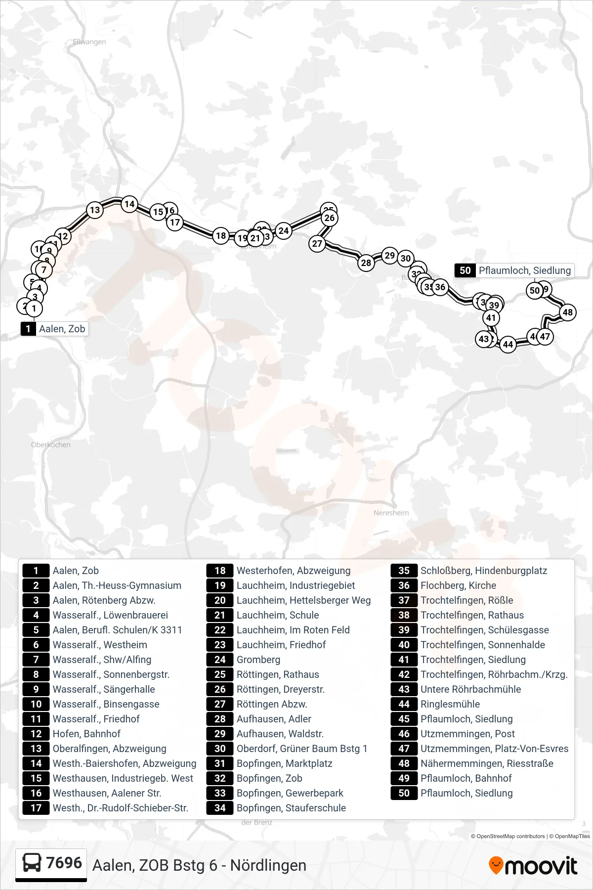 7696 bus Line (Pflaumloch, Siedlung) route and stops on a map