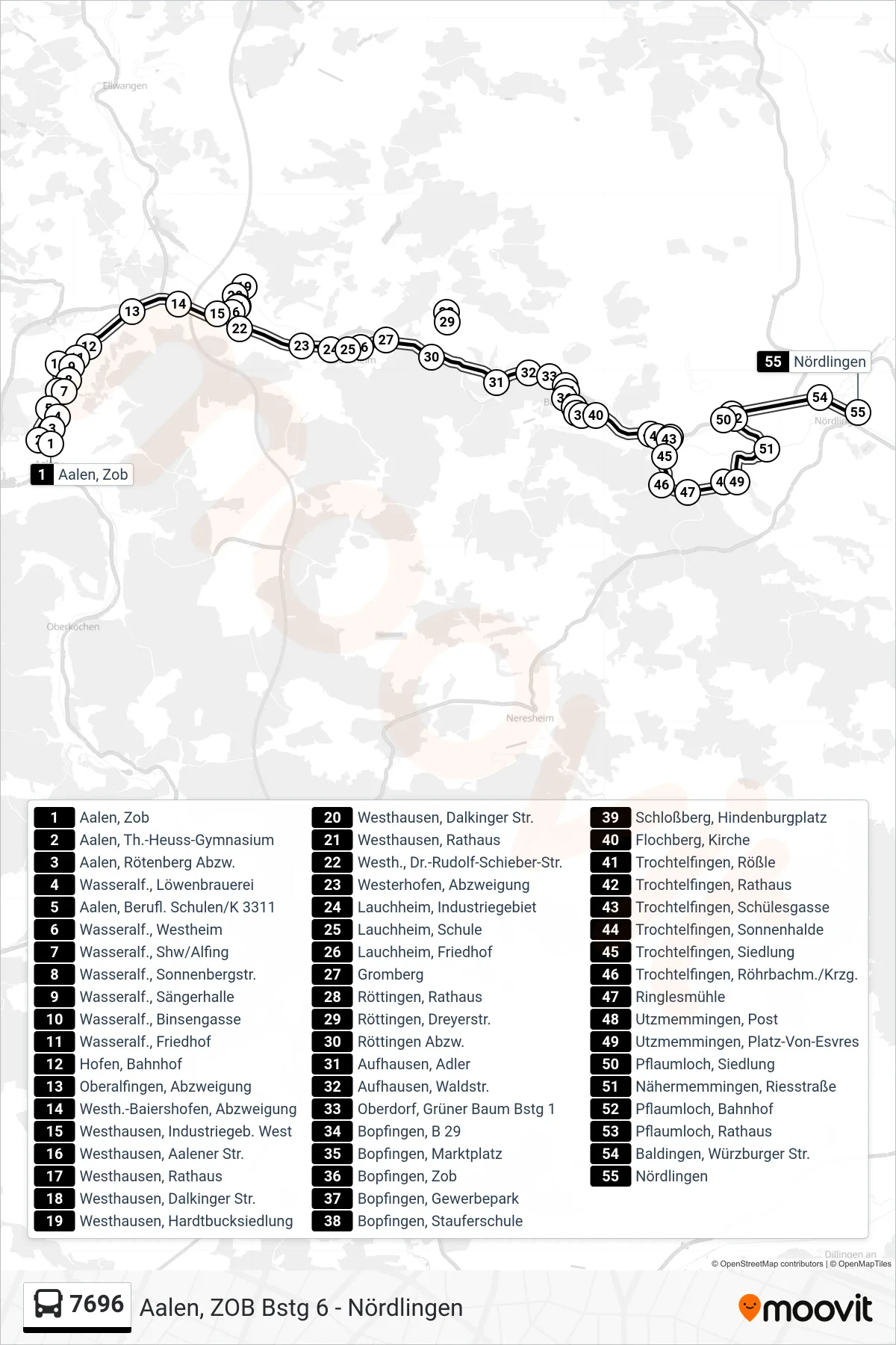 7696 bus Line (Nördlingen) route and stops on a map