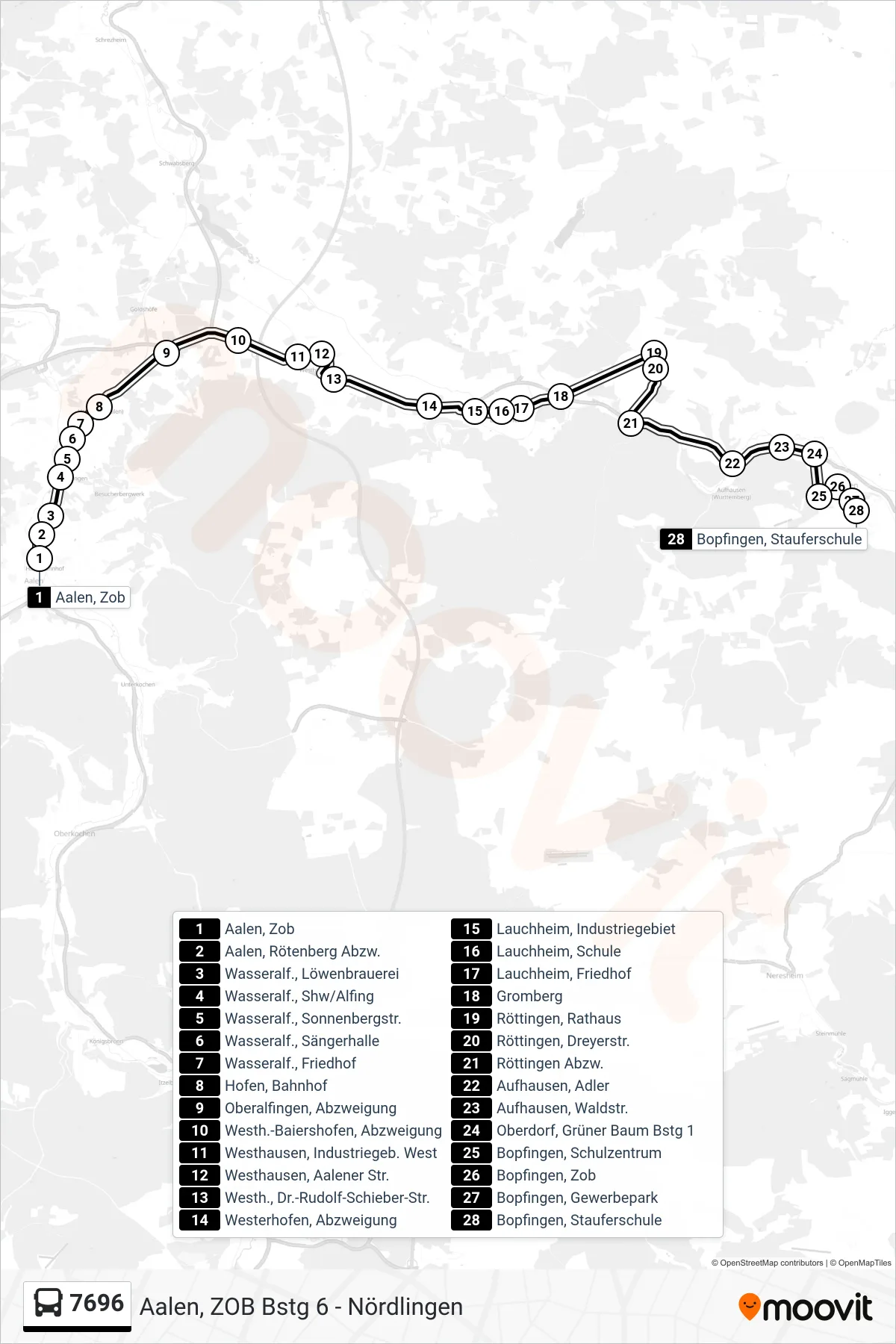7696 bus Line (Bopfingen, Stauferschule) route and stops on a map