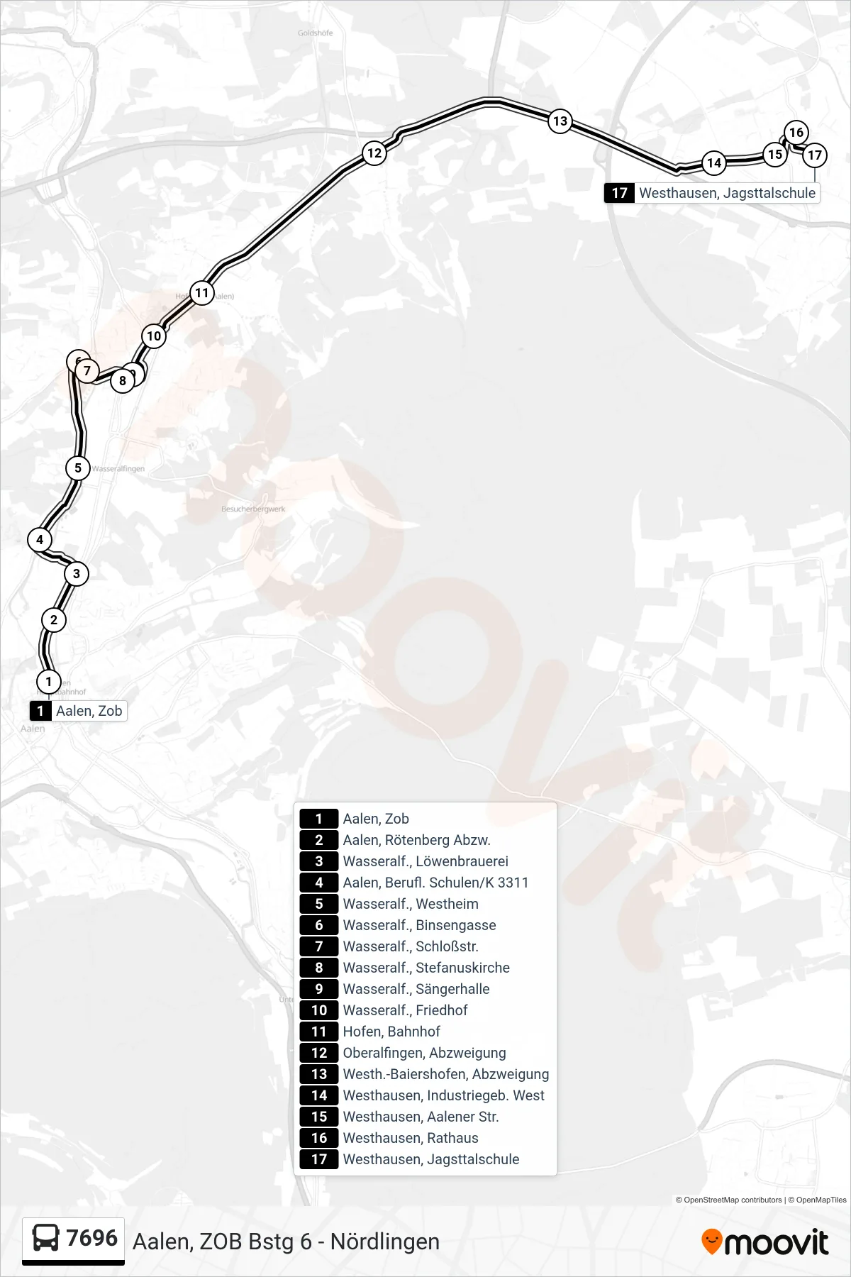 7696 bus Line (Westhausen, Jagsttalschule) route and stops on a map