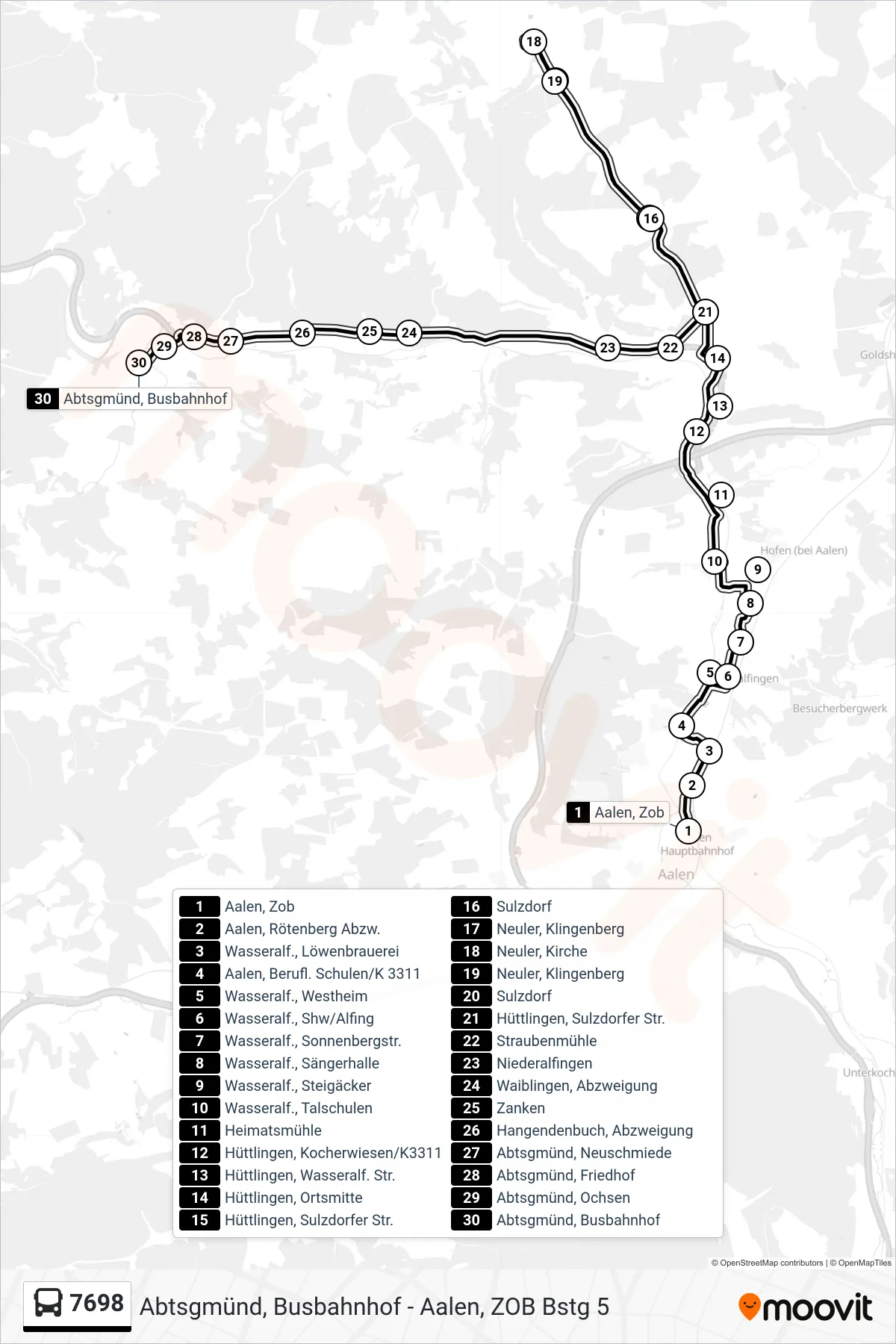 7698 bus Line (Abtsgmünd, Busbahnhof) route and stops on a map