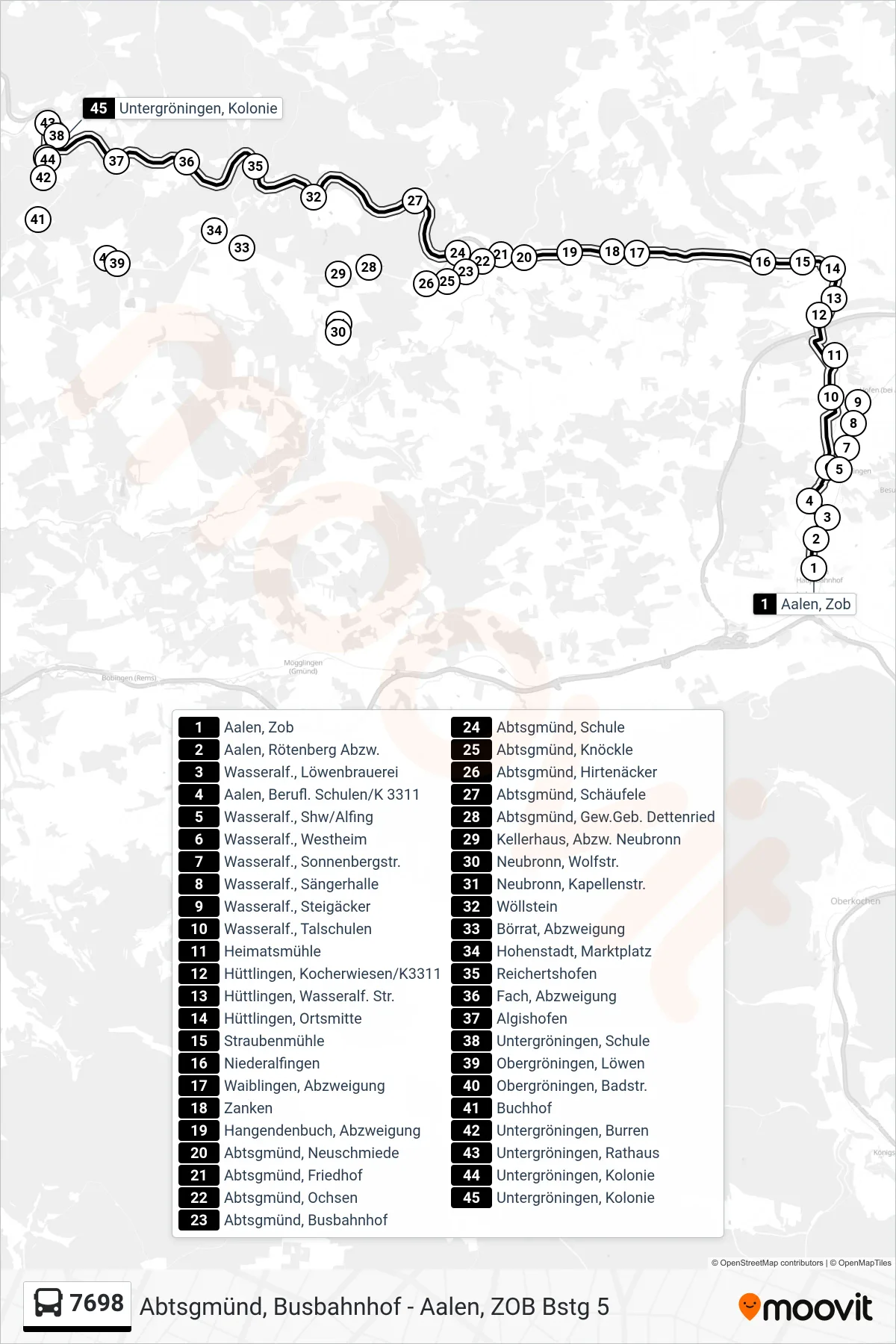 7698 bus Line (Untergröningen, Kolonie) route and stops on a map