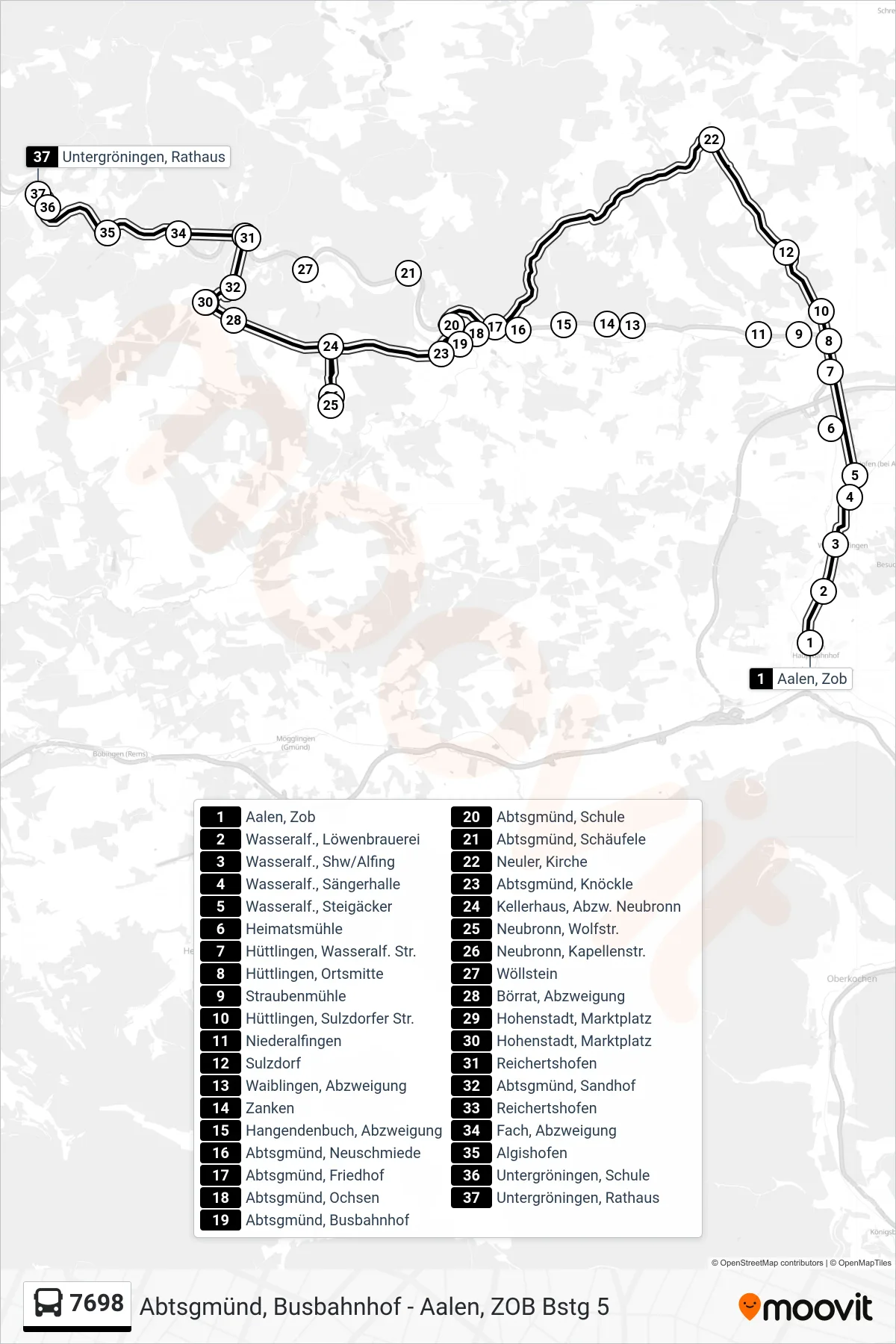 7698 bus Line (Untergröningen, Rathaus) route and stops on a map
