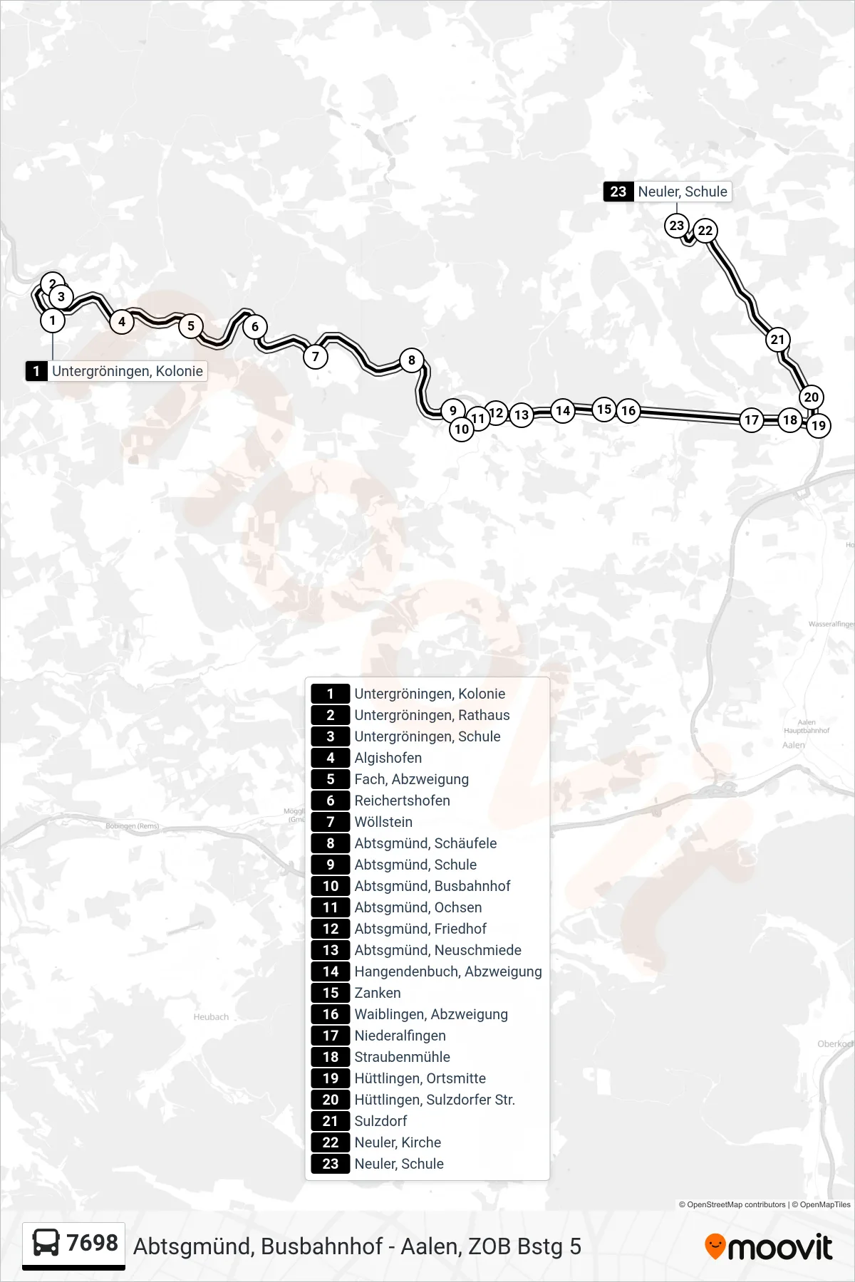 7698 bus Line (Neuler, Schule) route and stops on a map