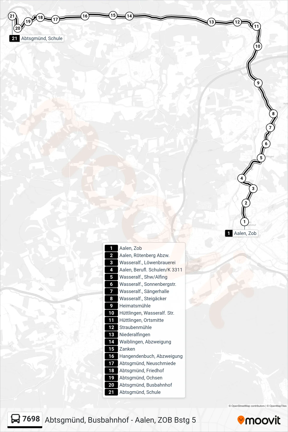 7698 bus Line (Abtsgmünd, Schule) route and stops on a map