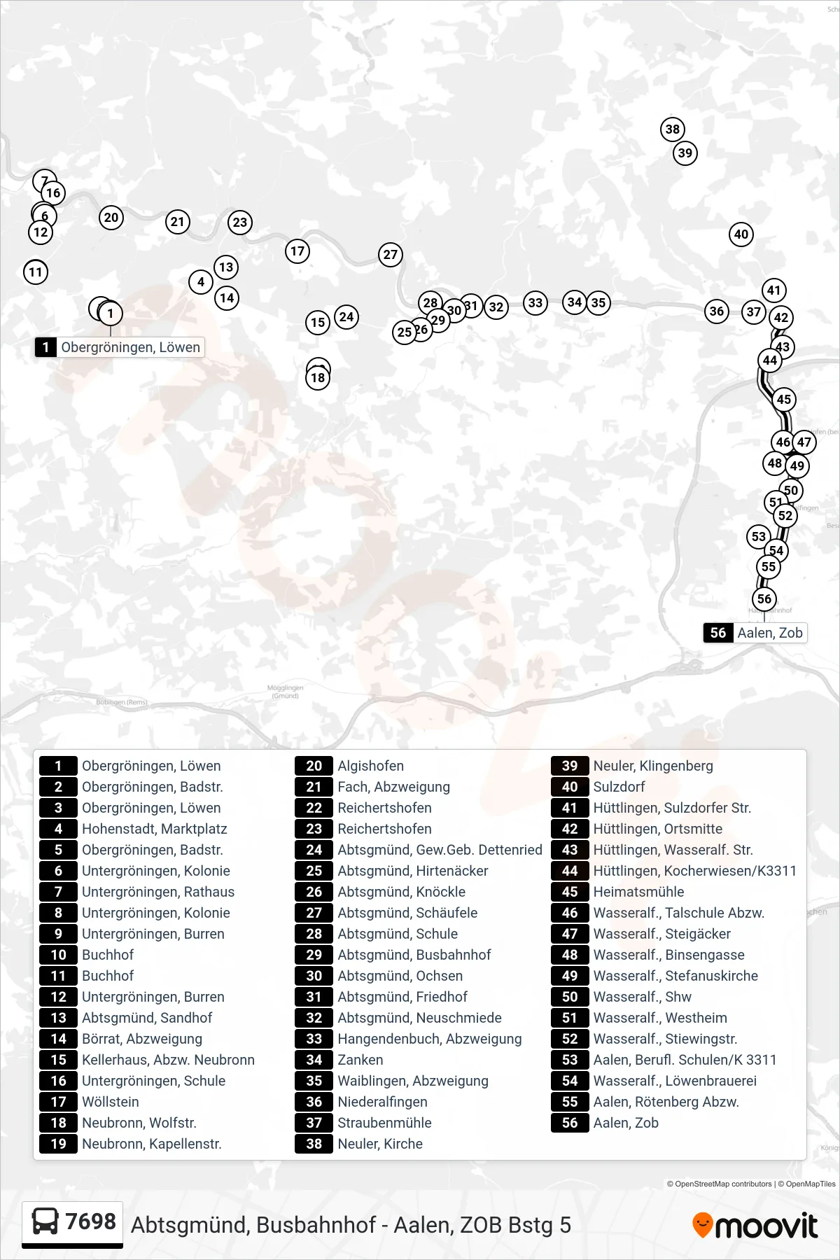 7698 bus Line (Aalen, Zob) route and stops on a map