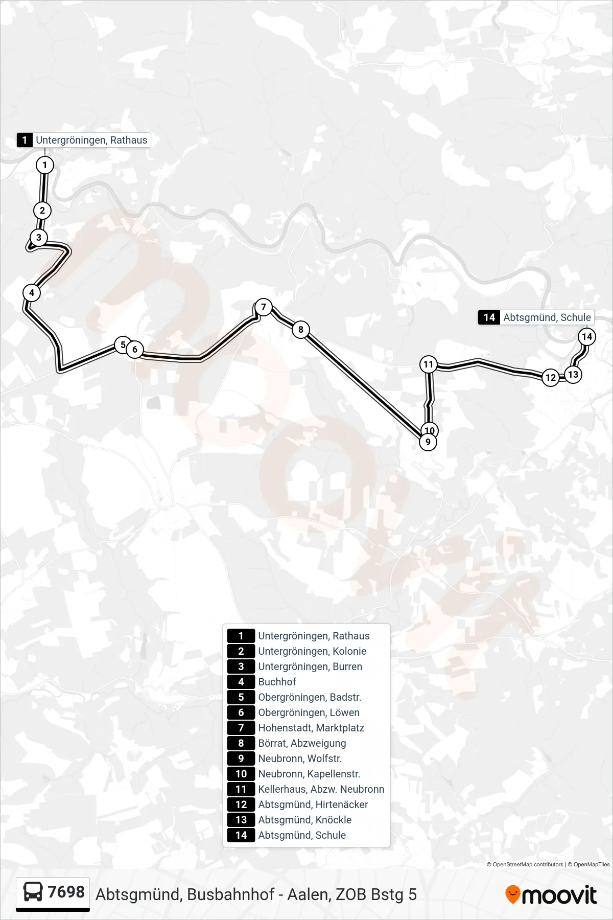 7698 bus Line (Abtsgmünd, Schule) route and stops on a map