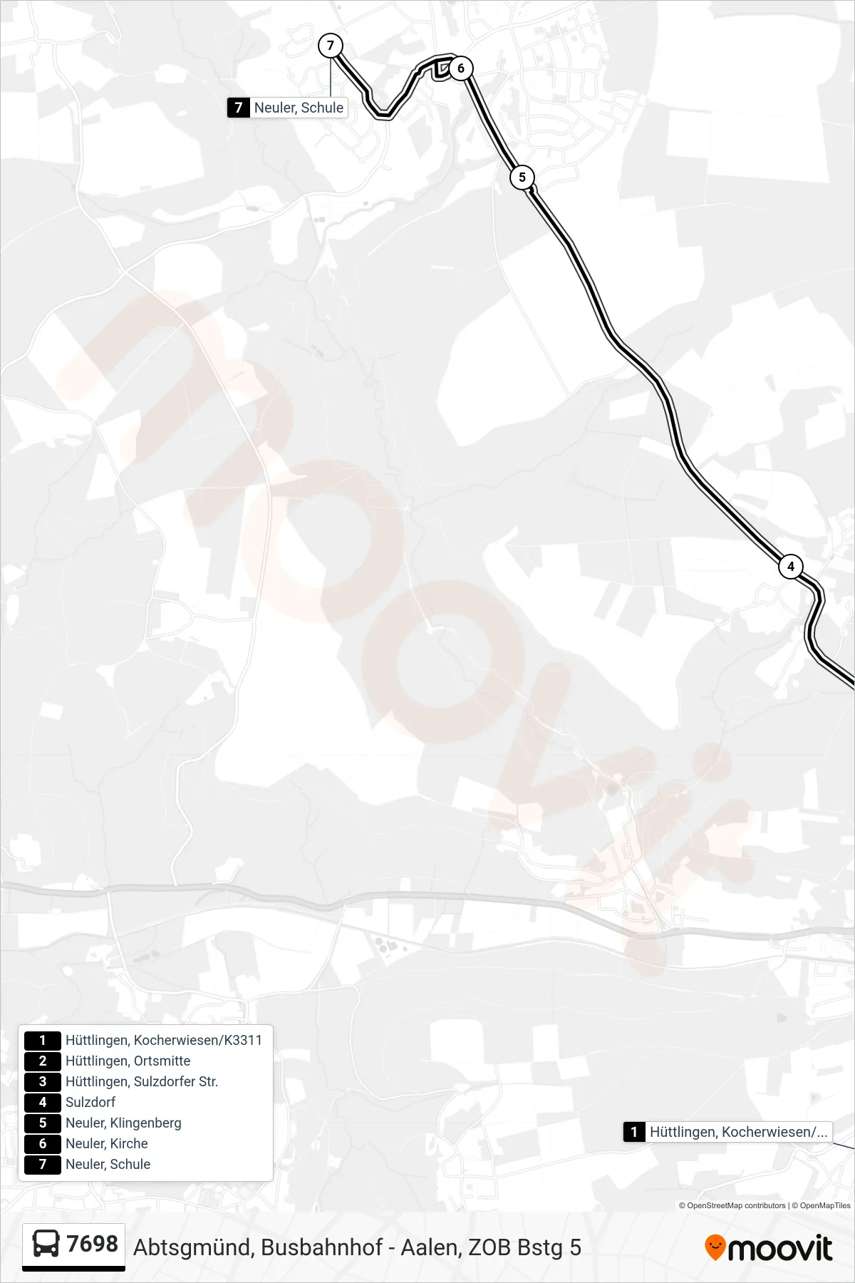 7698 bus Line (Neuler, Schule) route and stops on a map