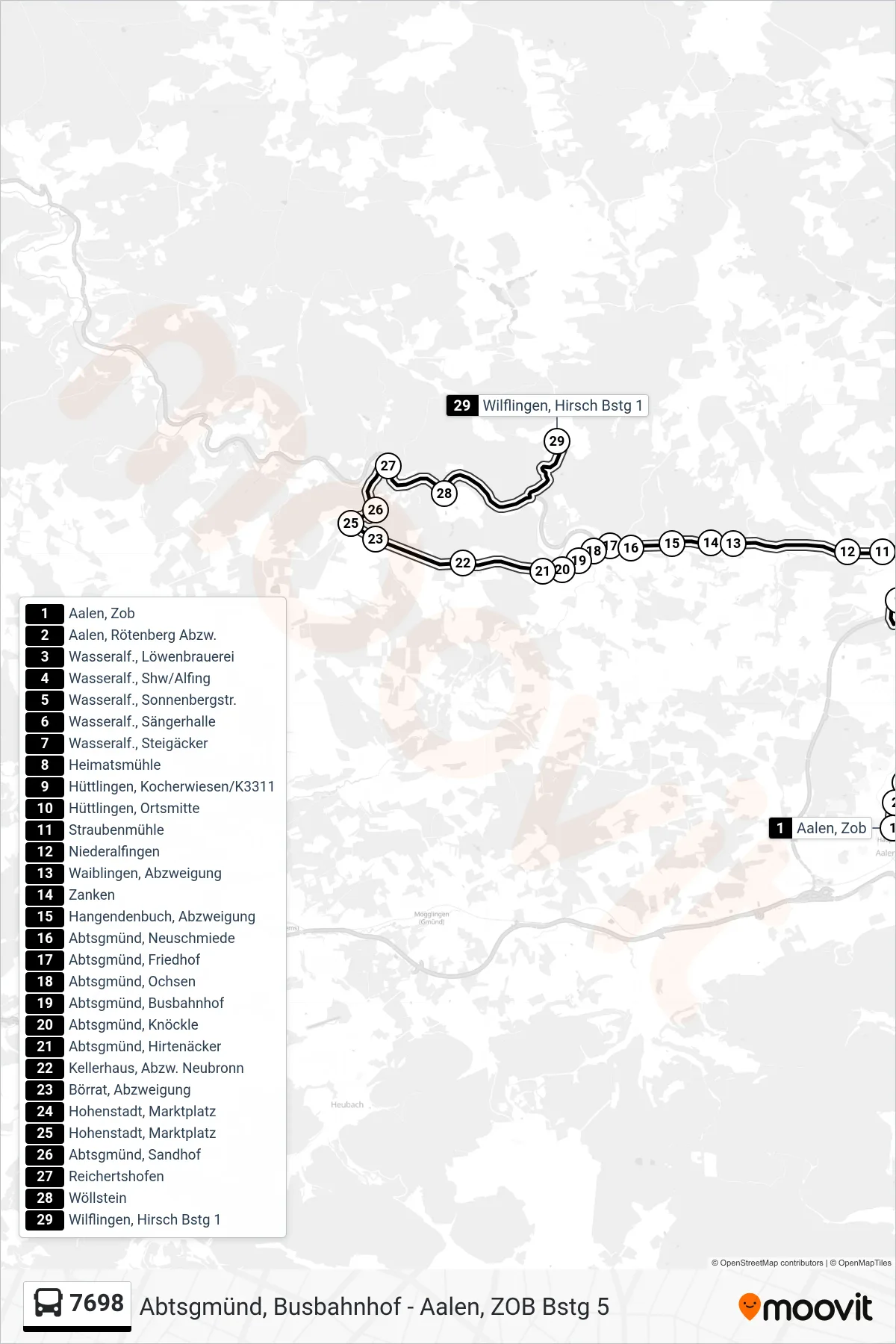 7698 bus Line (Wilflingen, Hirsch) route and stops on a map