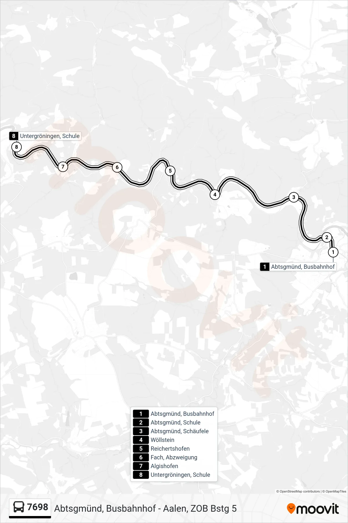 7698 bus Line (Untergröningen, Schule) route and stops on a map