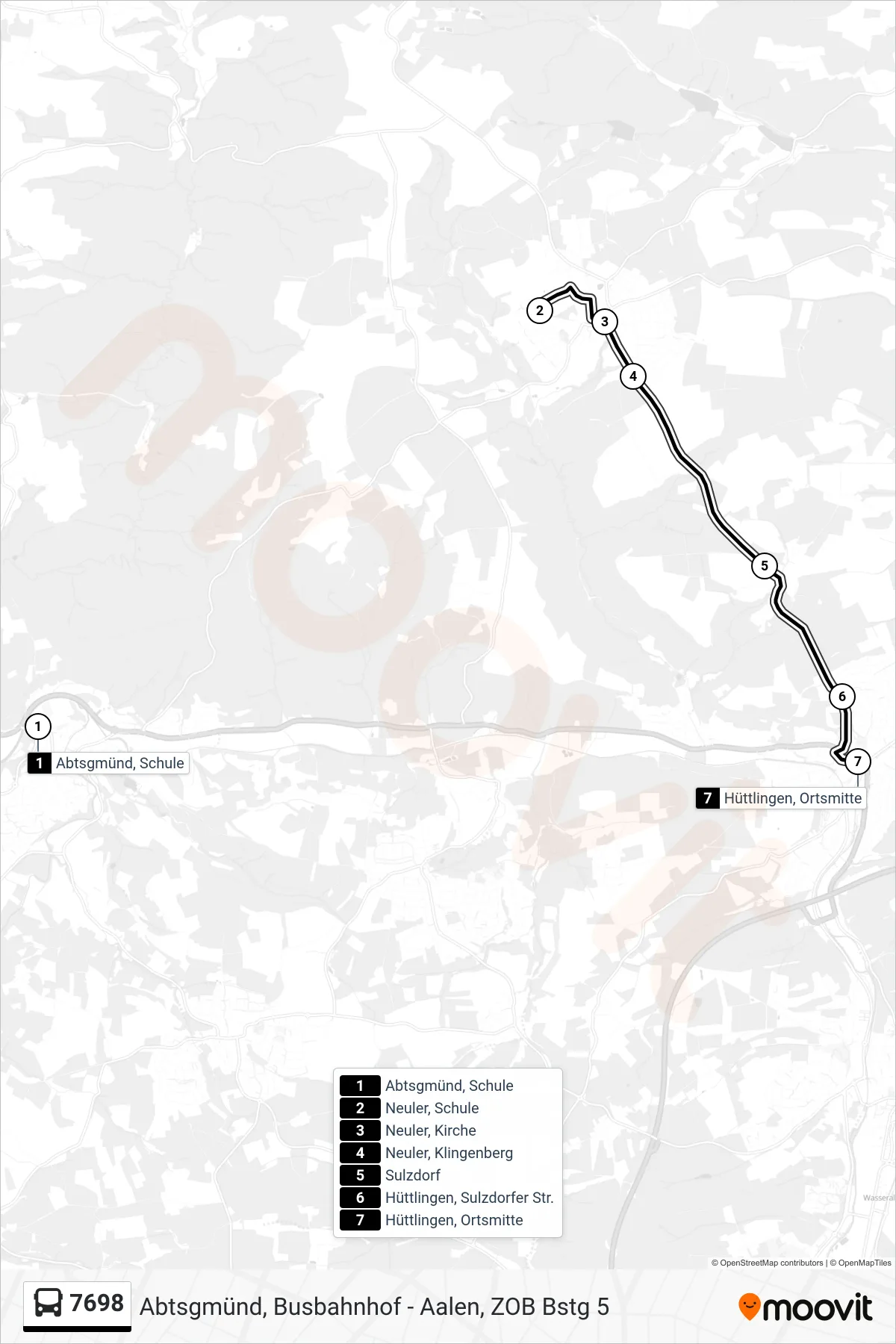 7698 bus Line (Hüttlingen, Ortsmitte) route and stops on a map