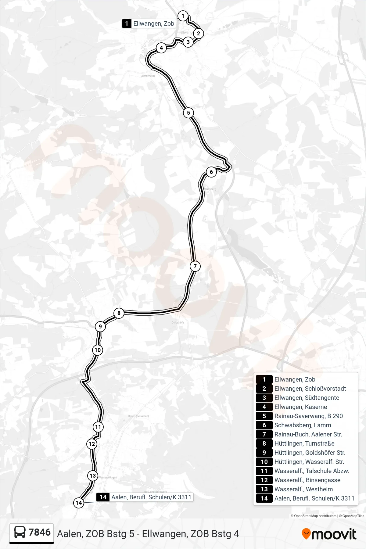 7846 bus Line (Aalen, Berufl. Schulen/K 3311) route and stops on a map
