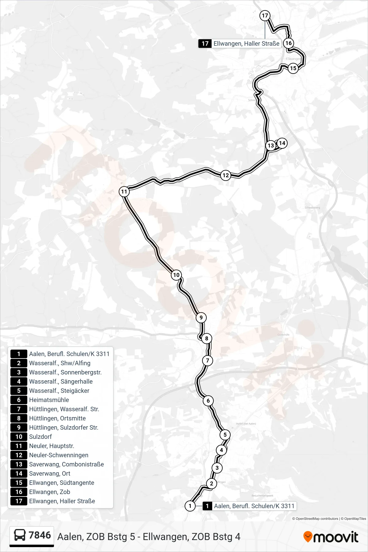 Linie 7846 (Bus) Richtung Ellwangen, Haller Straße: Route und Haltestellen auf der Karte