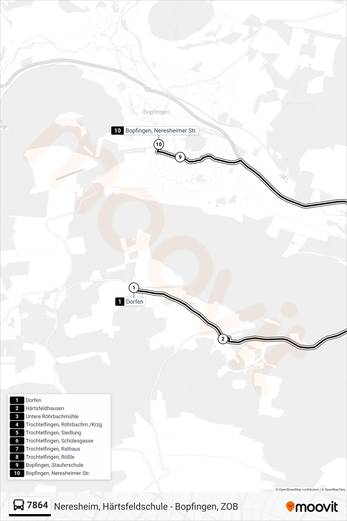 7864 bus Line (Bopfingen, Neresheimer Str.) route and stops on a map