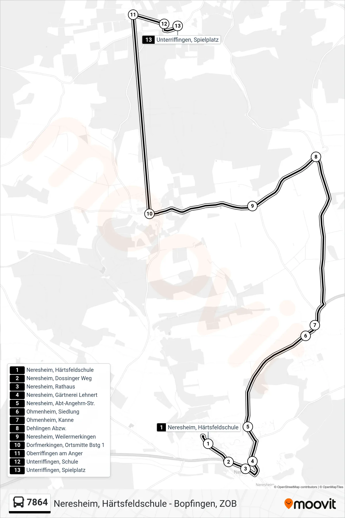 7864 bus Line (Unterriffingen, Spielplatz) route and stops on a map