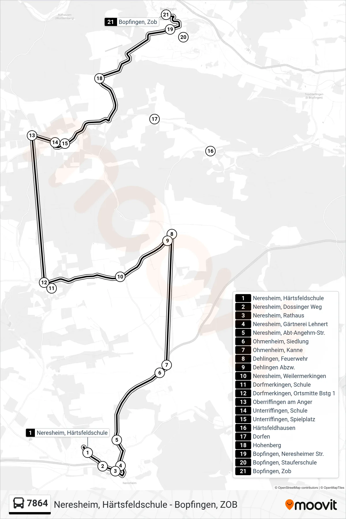 7864 bus Line (Bopfingen, Zob) route and stops on a map
