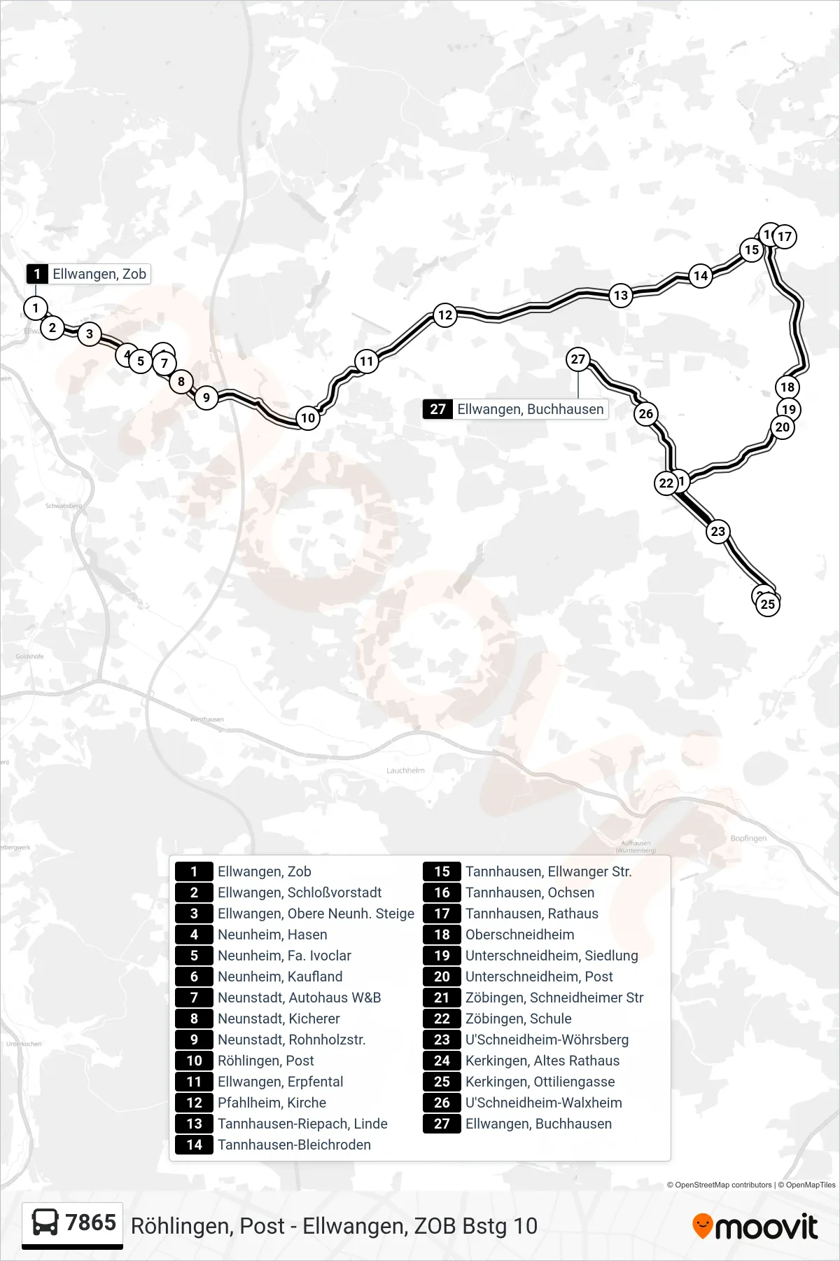 7865 bus Line (Ellwangen, Buchhausen) route and stops on a map