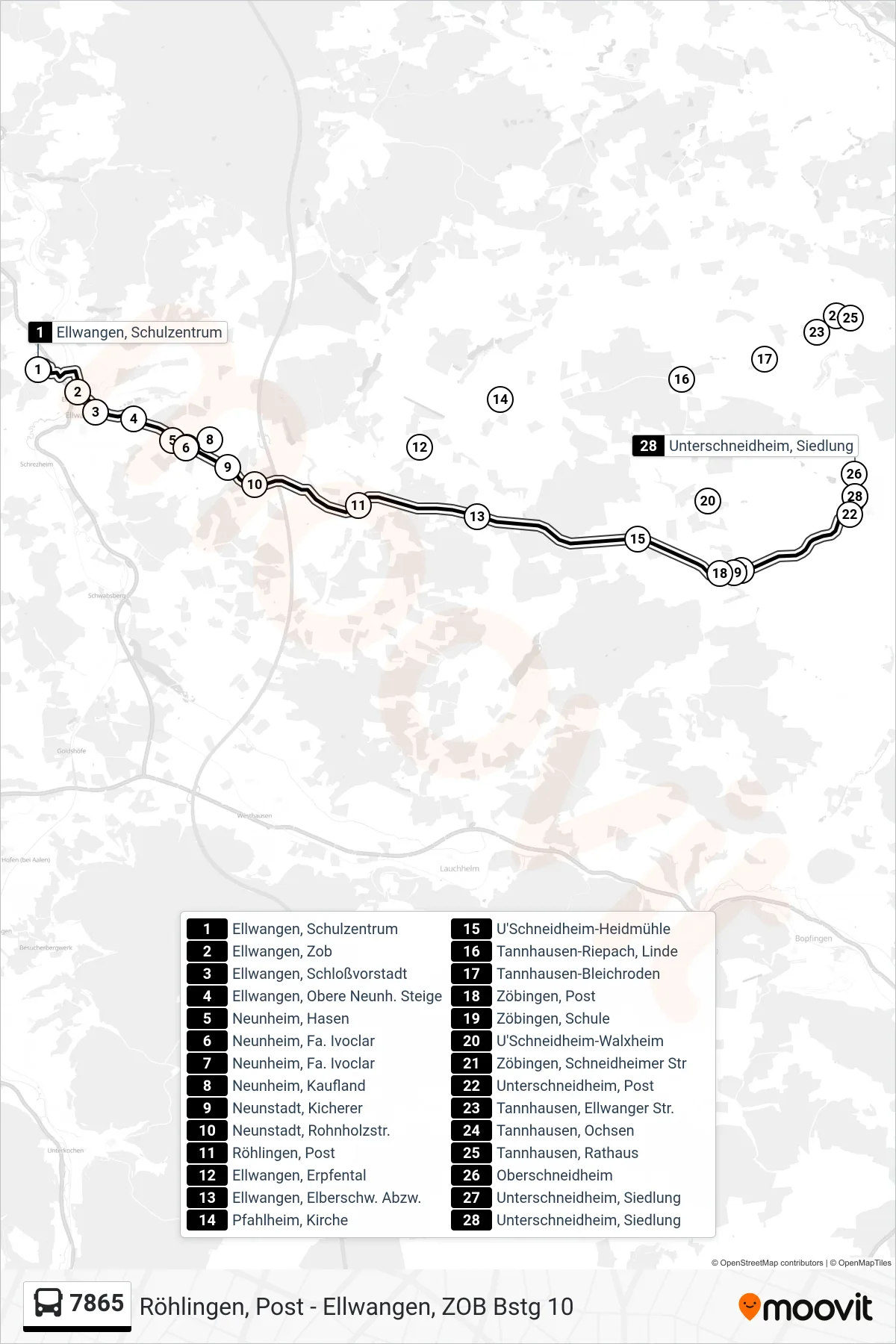 7865 bus Line (Unterschneidheim, Siedlung) route and stops on a map