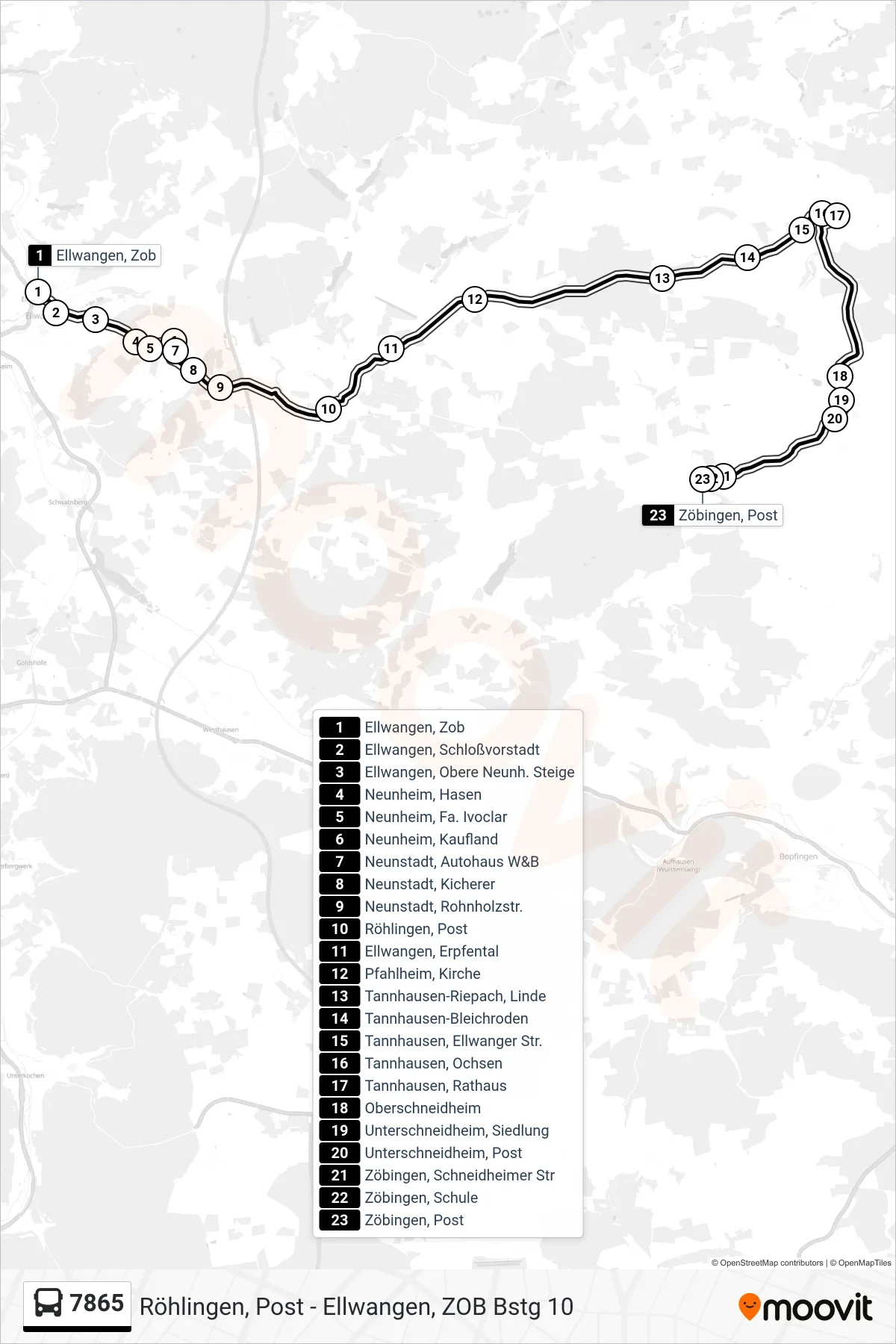 7865 bus Line (Zöbingen, Post) route and stops on a map