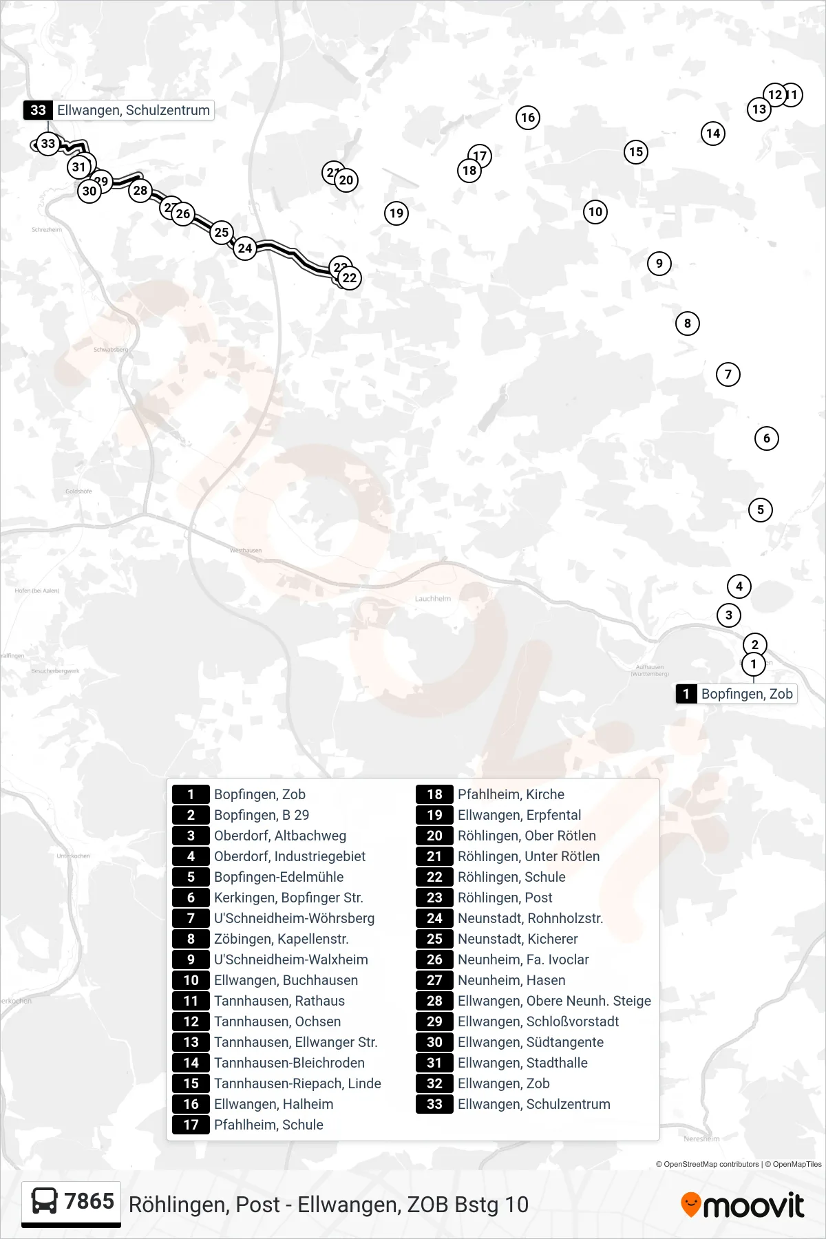 7865 bus Line (Ellwangen, Schulzentrum) route and stops on a map