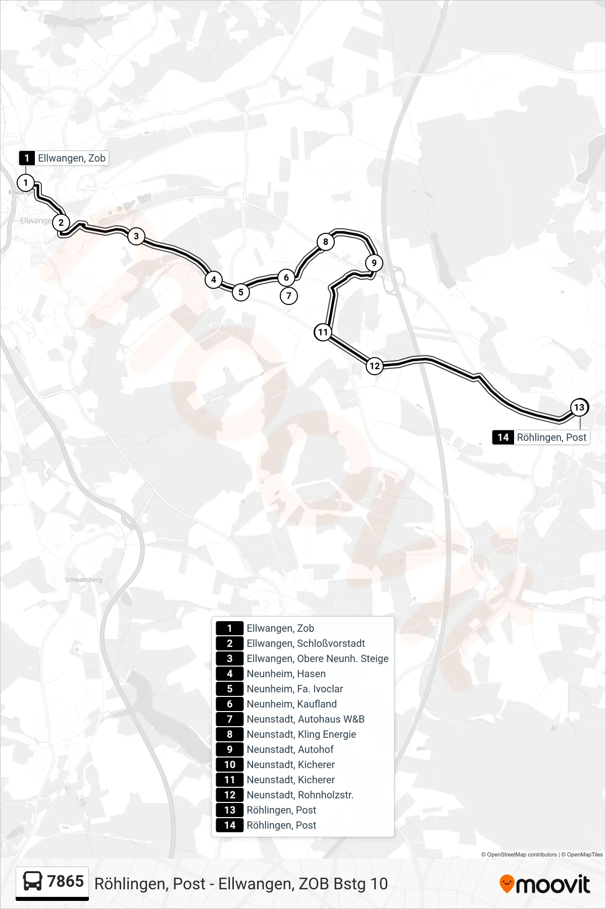 7865 bus Line (Röhlingen, Post) route and stops on a map