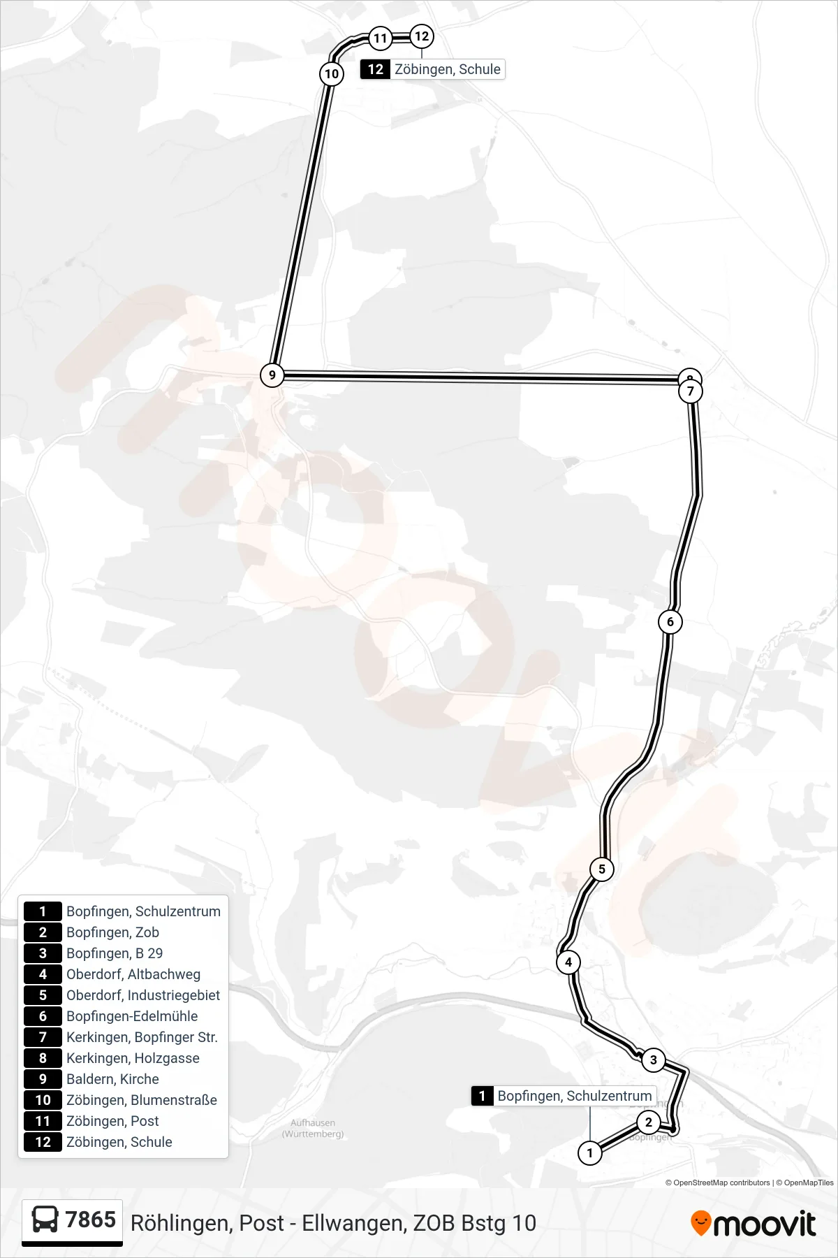 7865 bus Line (Zöbingen, Schule) route and stops on a map