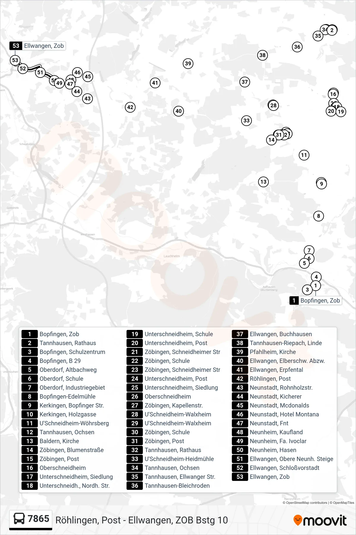 7865 bus Line (Ellwangen, Zob) route and stops on a map