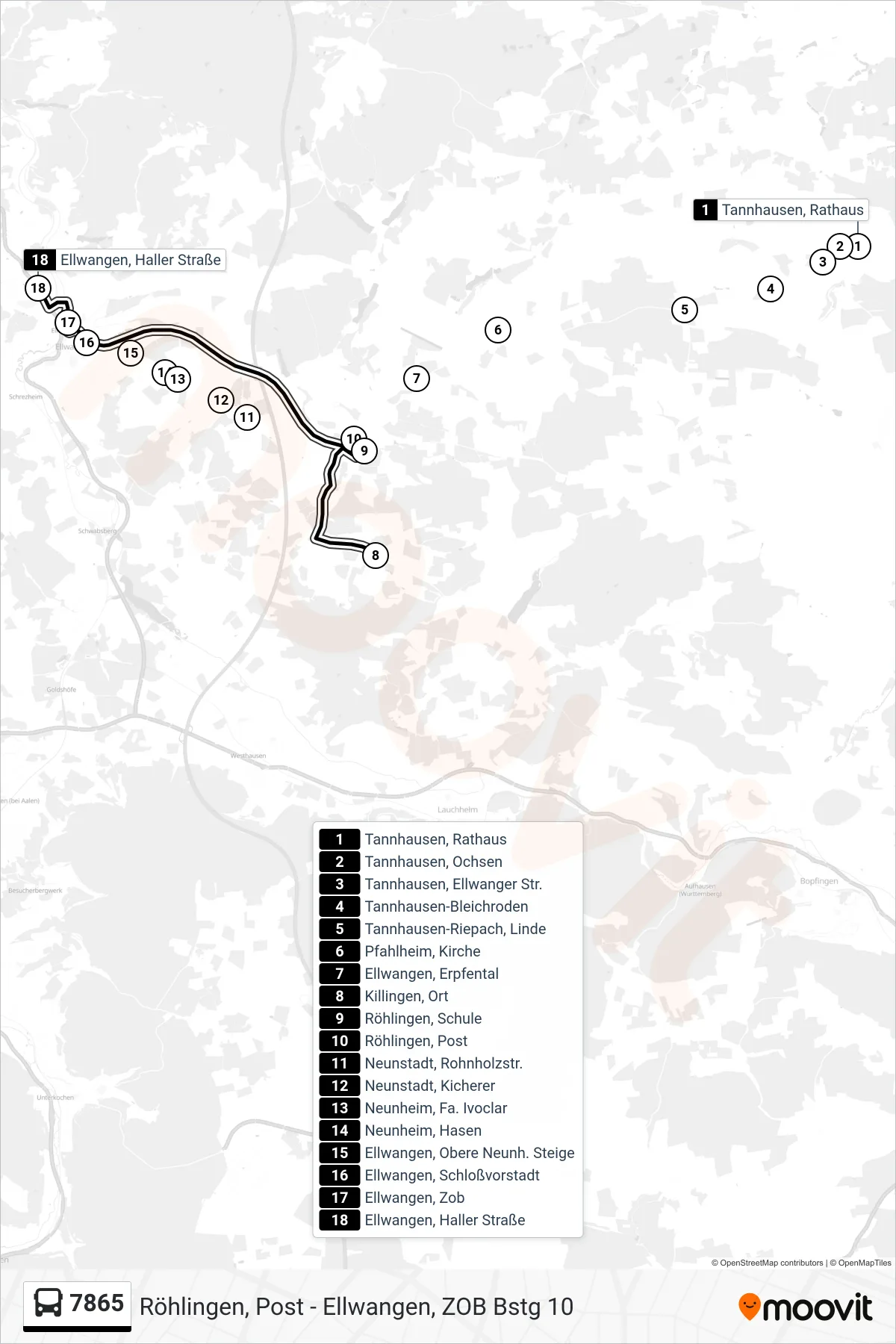 7865 bus Line (Ellwangen, Haller Straße) route and stops on a map